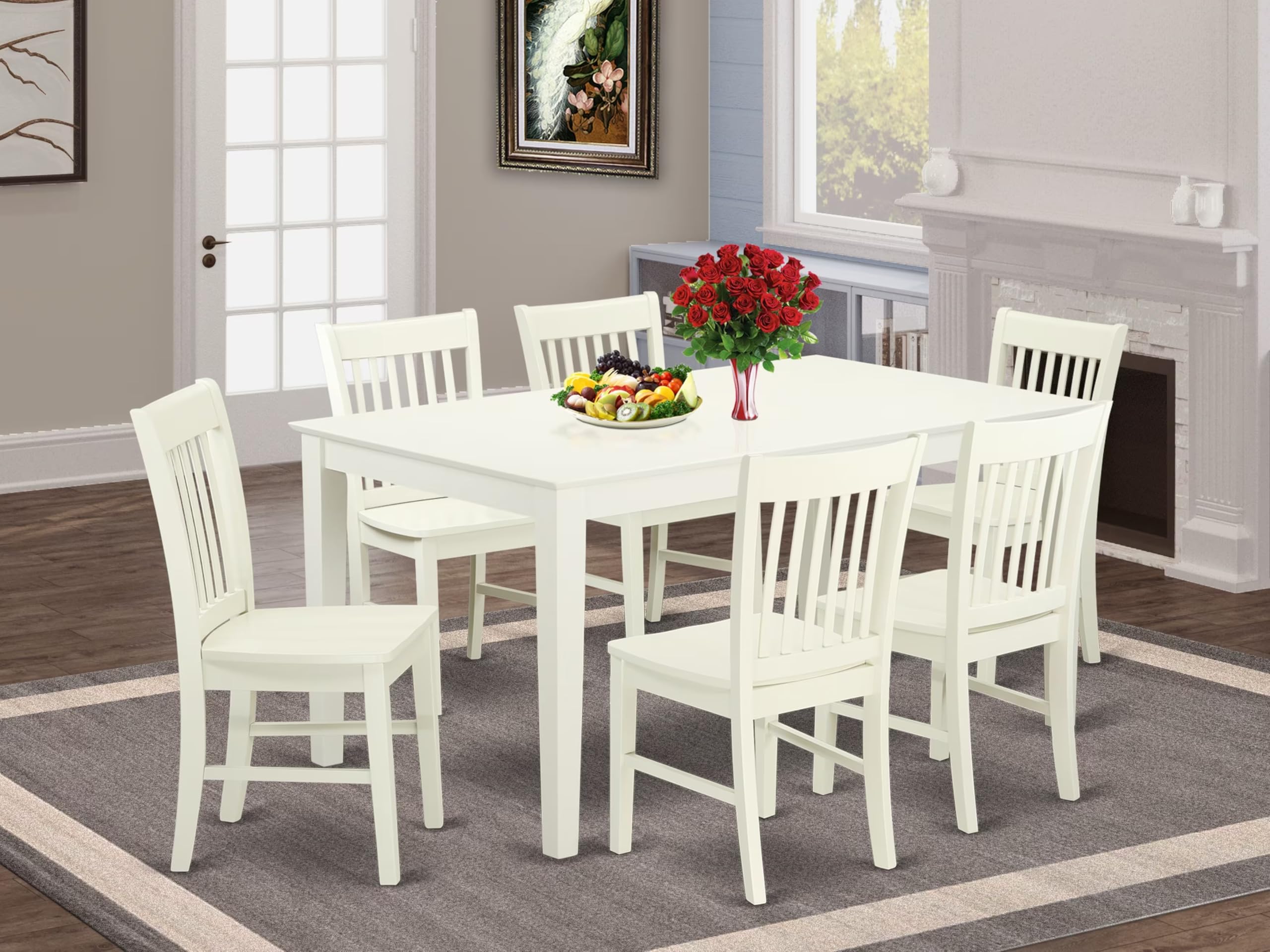 East West Furniture Cano7-Lwh-W 7 Piece Dining Table Set Consist Of A Rectangle Kitchen Table And 6 Dining Room Chairs, 36X60 Inch, Linen White