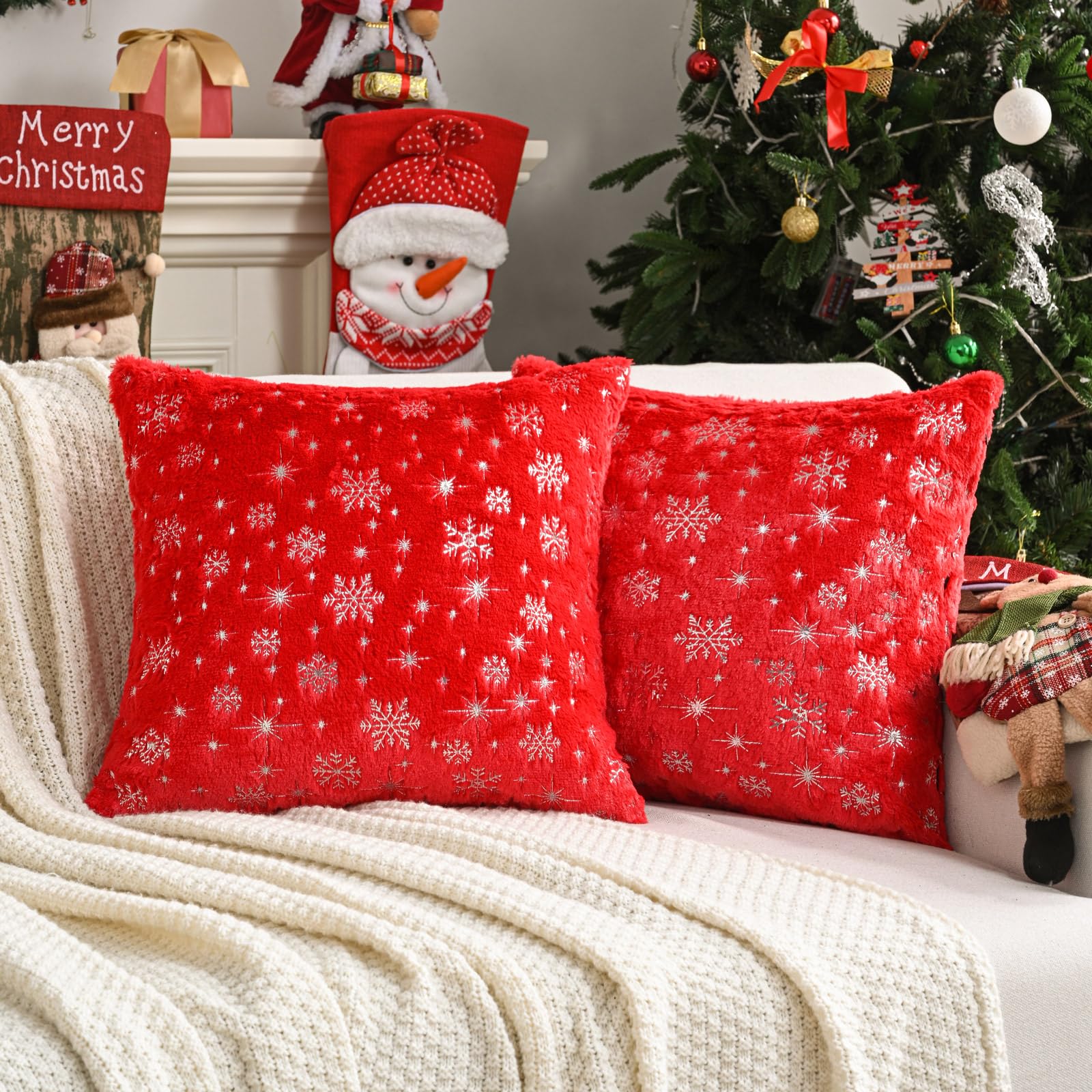 Futei Christmas Snowflakes Red Throw Pillow Covers 20X20 Inch Set Of 2,Soft Decorative Cushion Cases,Home Decor For Couch Bed Li