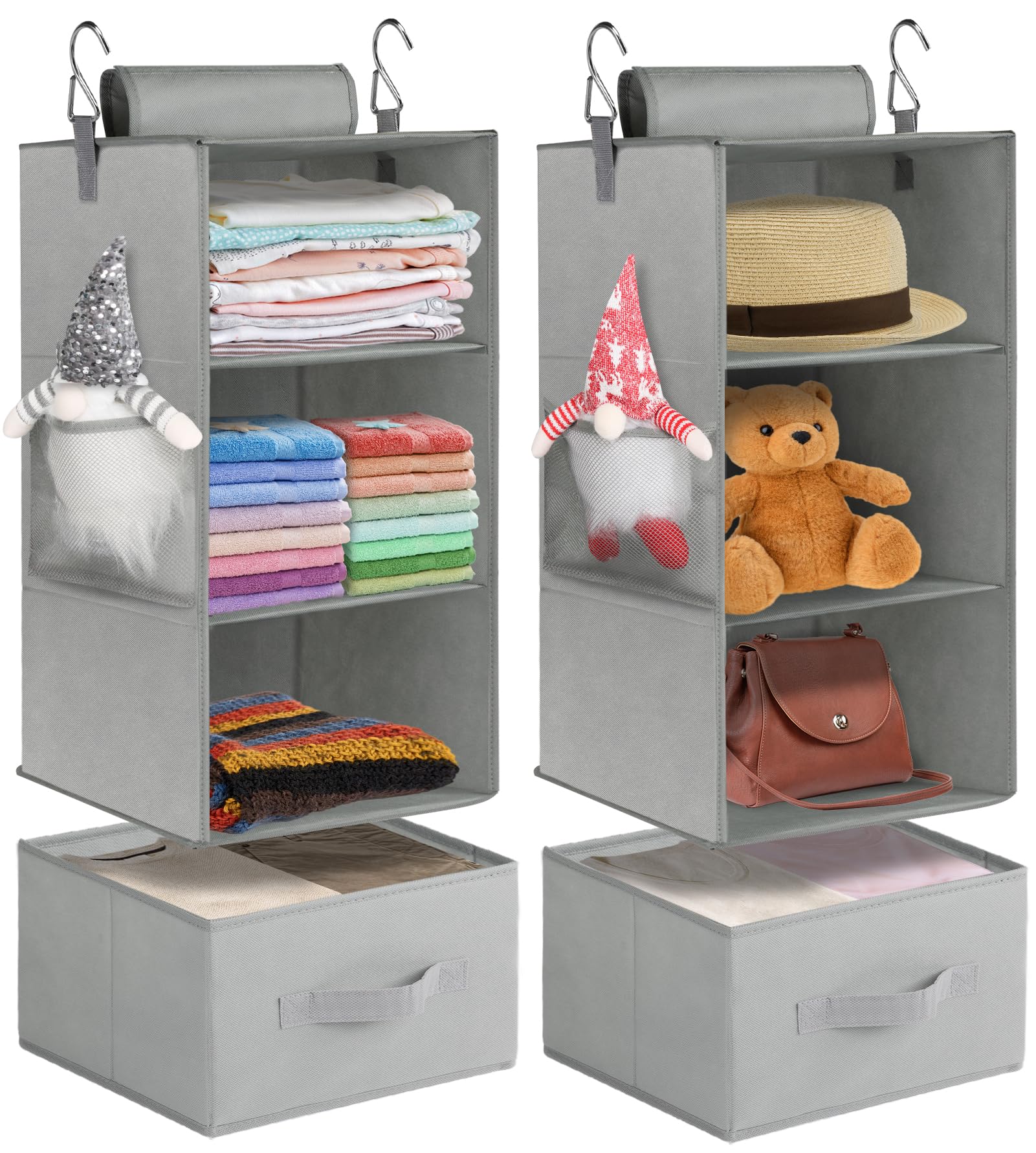 punemi 3-Shelf Hanging Closet Organizer, 2 Pack Closet Hanging Organizer with Drawers, Foldable Hanging Closet Shelves for Rv, C