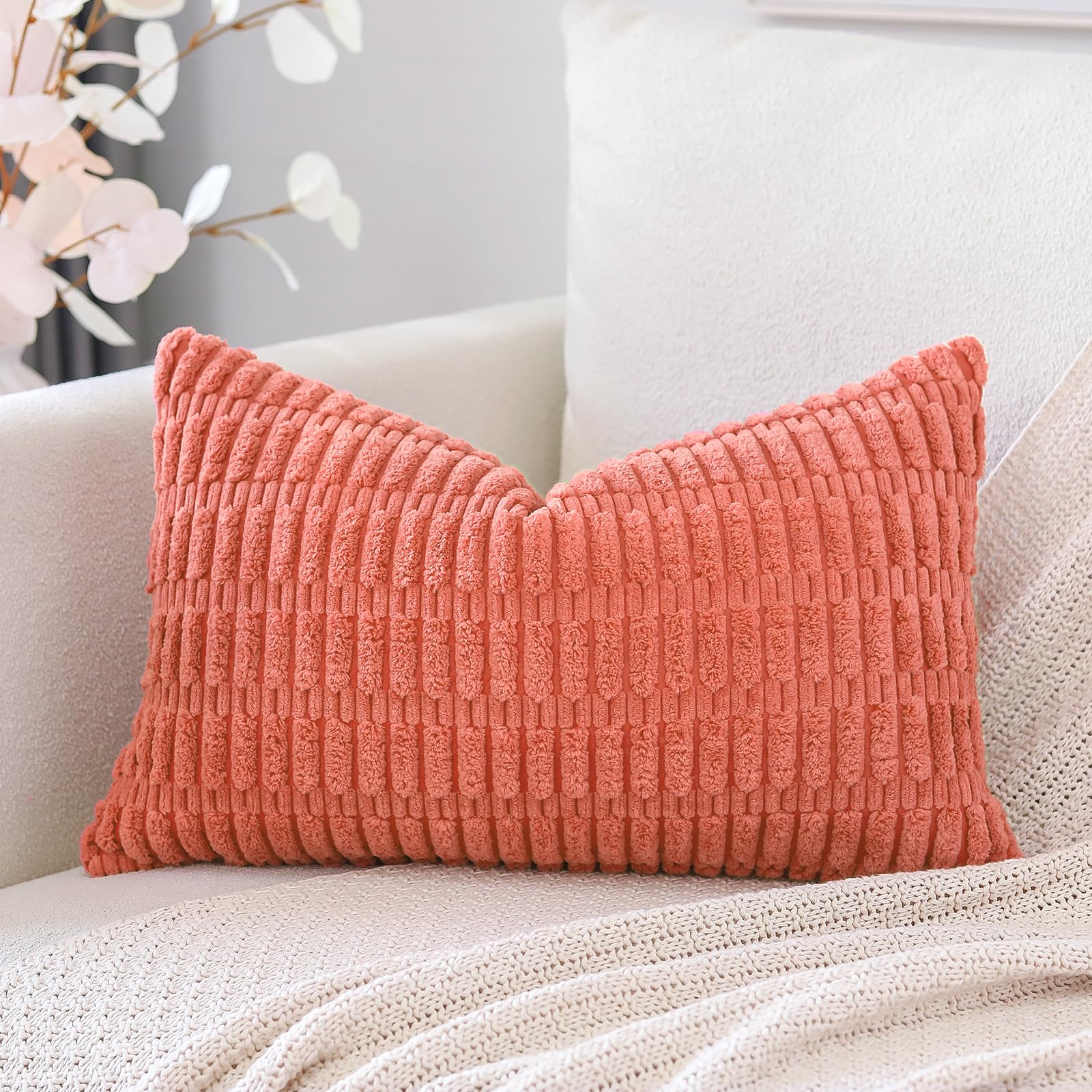Otostar Corduroy Decorative Throw Pillow Covers 16X24 Inch Super Soft Boho Striped Rectangle Pillow Covers Case Modern Cushion Covers For Sofa Couch Bedroom Car Decor Coral