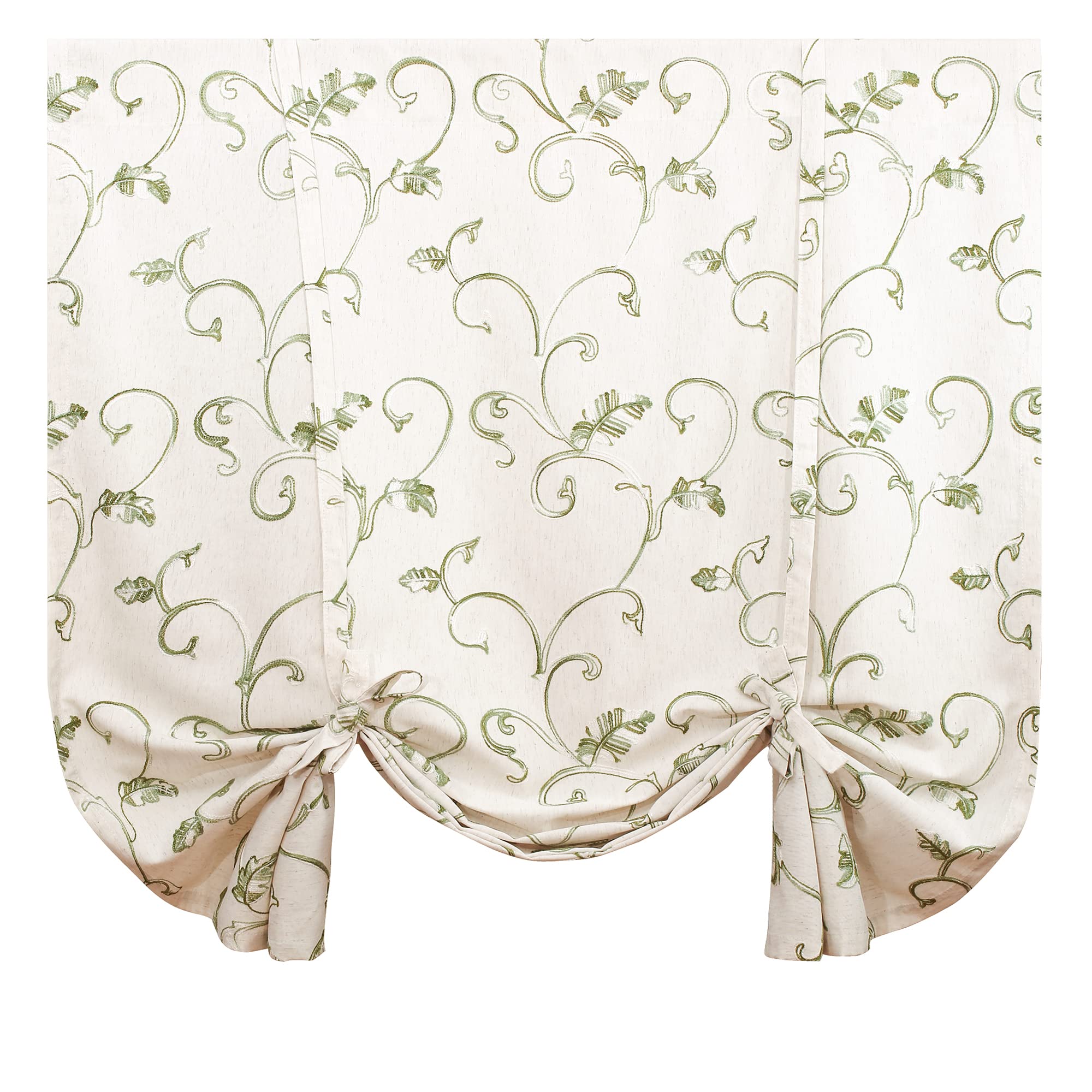 VOGOL Tie Up Curtains 63 Inch Length, Green Vines Embroidered Adjustable Tie-Up Curtains Rod Pocket Decor Balloon Shades for Bat