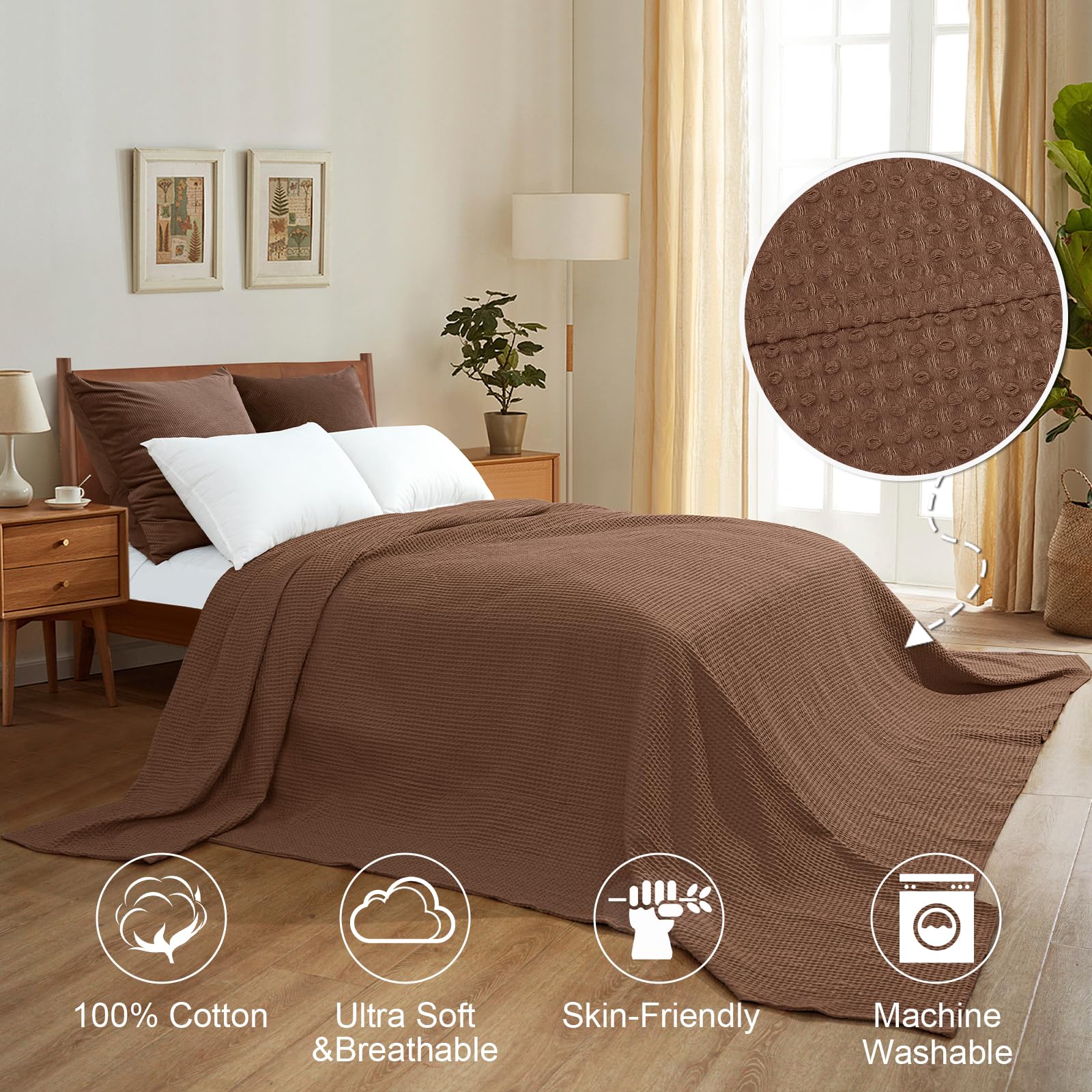 Phf 100% Cotton Waffle Weave Blanket California King Size 120'X 120'- Washed Soft Lightweight Breathable-10'X 10' Huge Extra Large For Couch Bed Sofa-Elegant Aesthetic Home Decoration Gift- Cappuccino