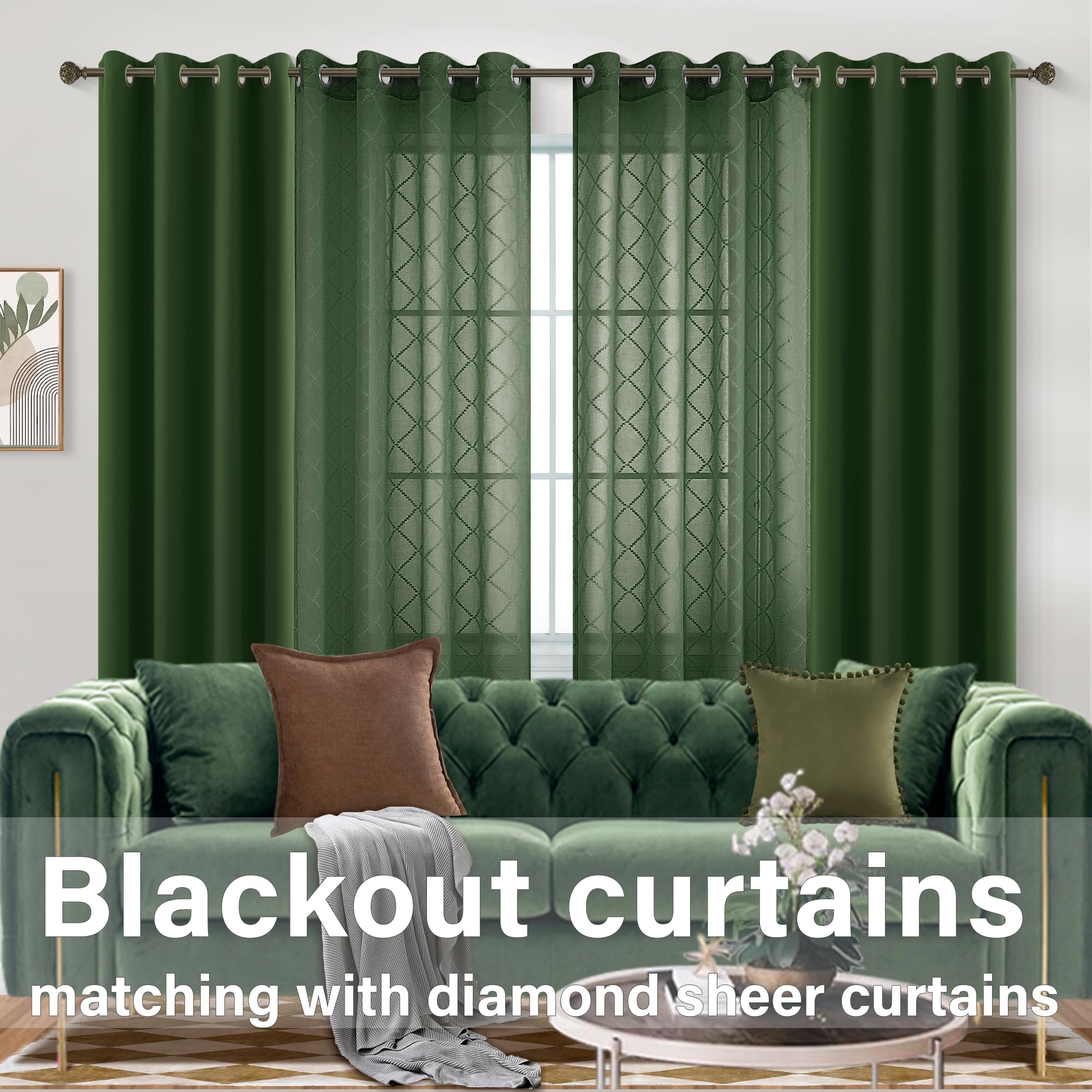 Olive Green Grommet Diamond Linen Look Sheer Curtains 52X63 Inch Length