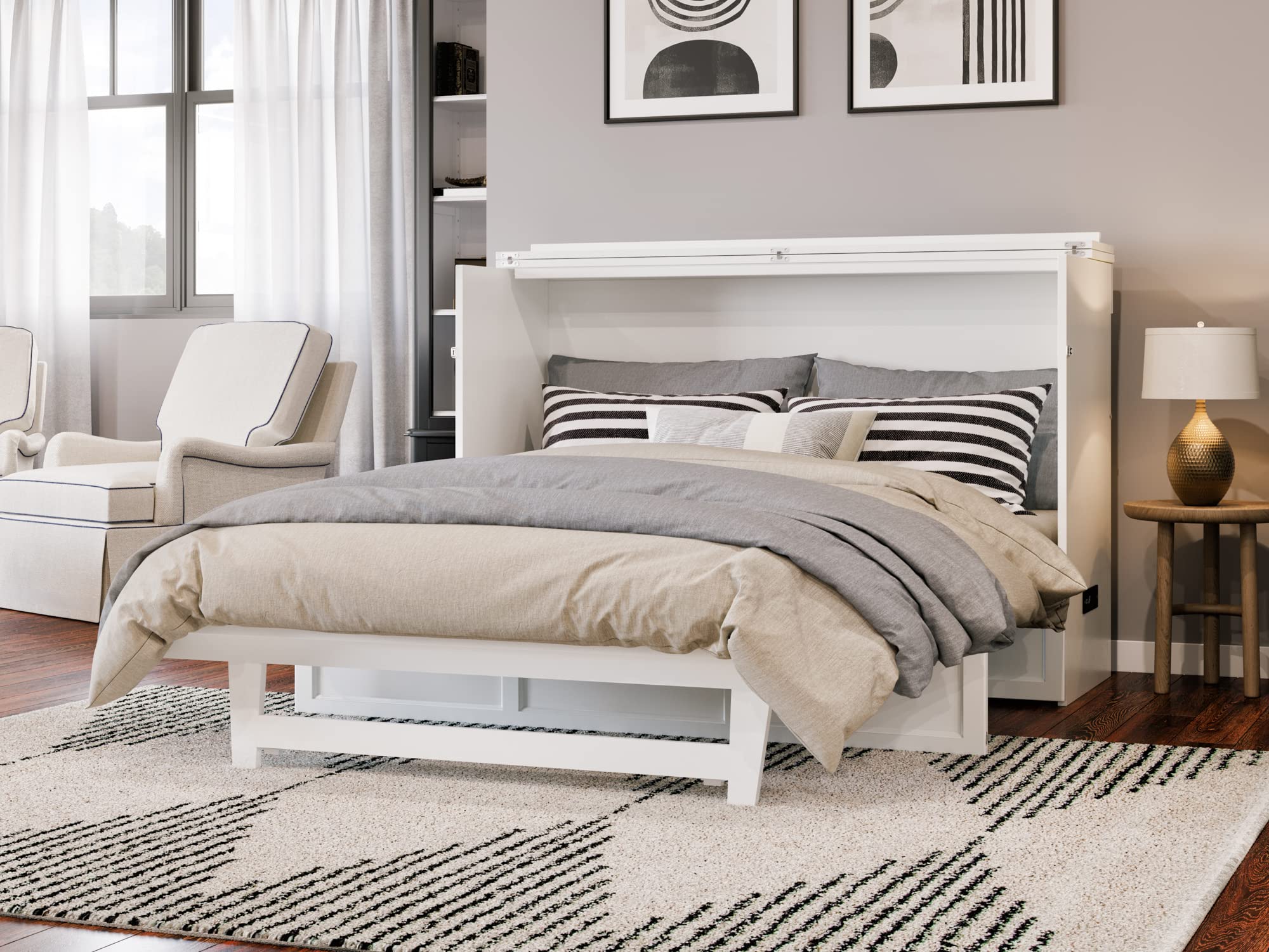 Afi, Northfield Queen Murphy Bed Chest With Mattress, Storage Drawer And Built-In Usb Charger, White