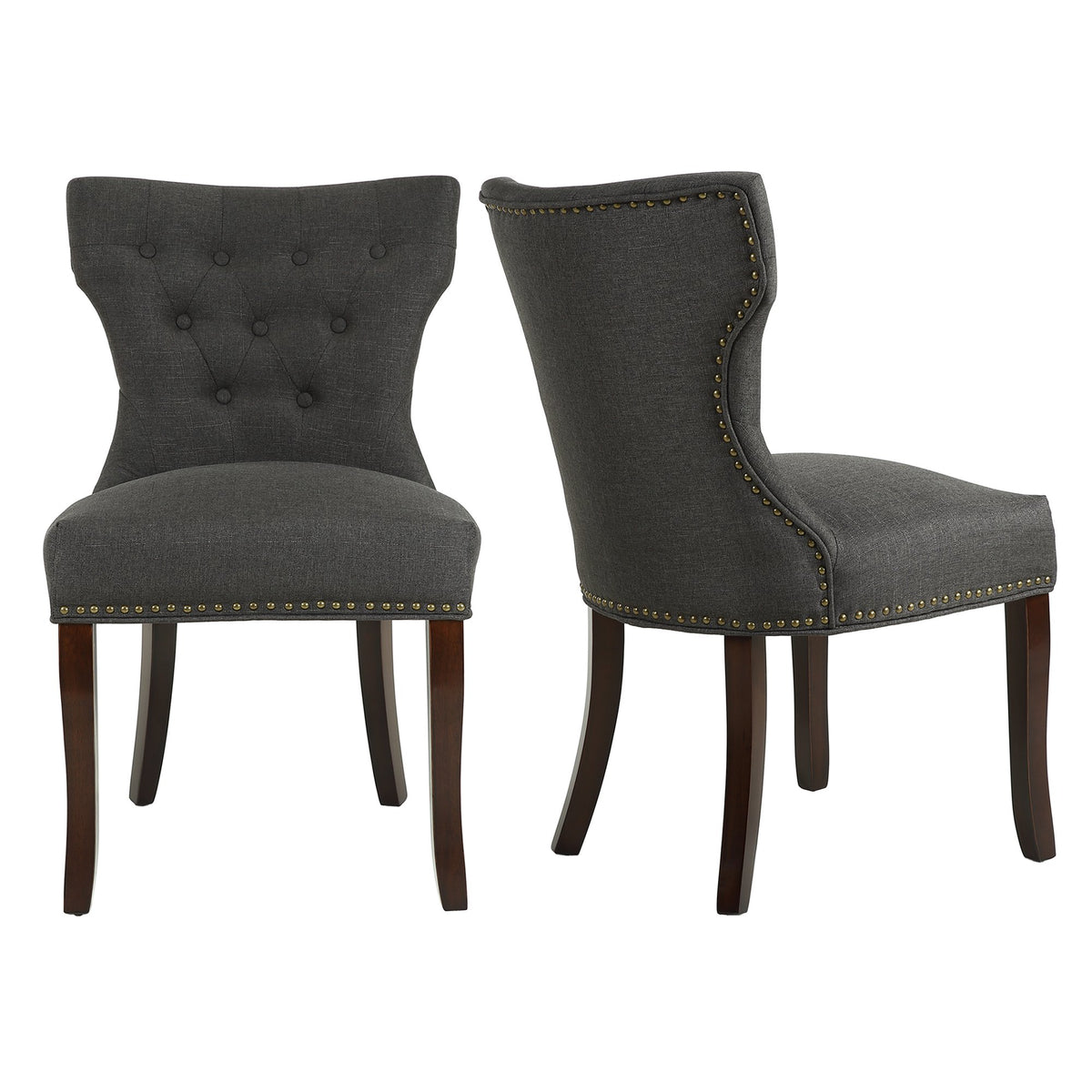 Lssbought Set Of 2 Fabric Dining Chairs Leisure Padded Chairs With Brown Solid Wooden Legs,Nailed Trim (Gray)