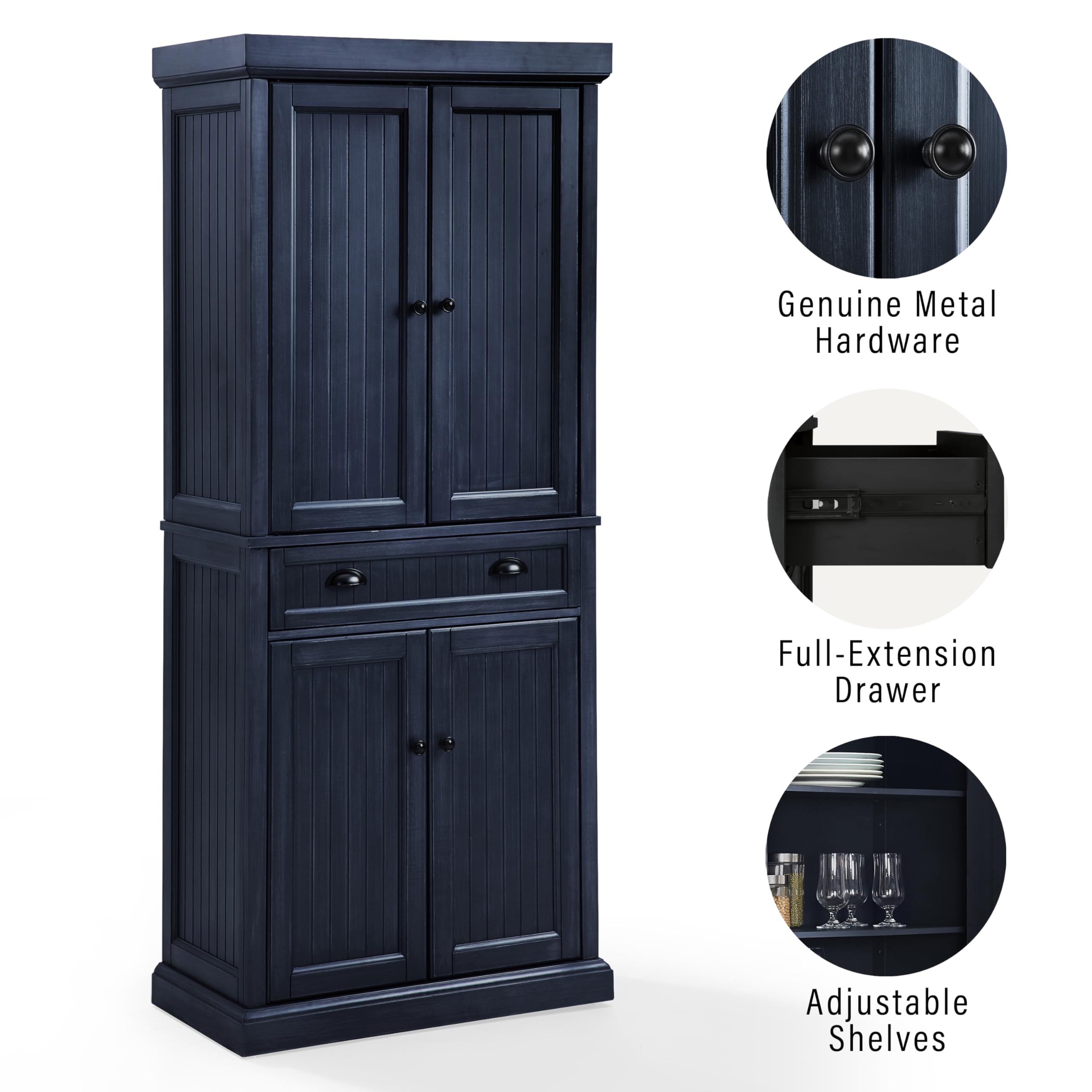 Crosley Furniture Seaside Coastal Pantry Storage Cabinet with Shelves, Kitchen, Dining, or Laundry Room, Distressed Navy