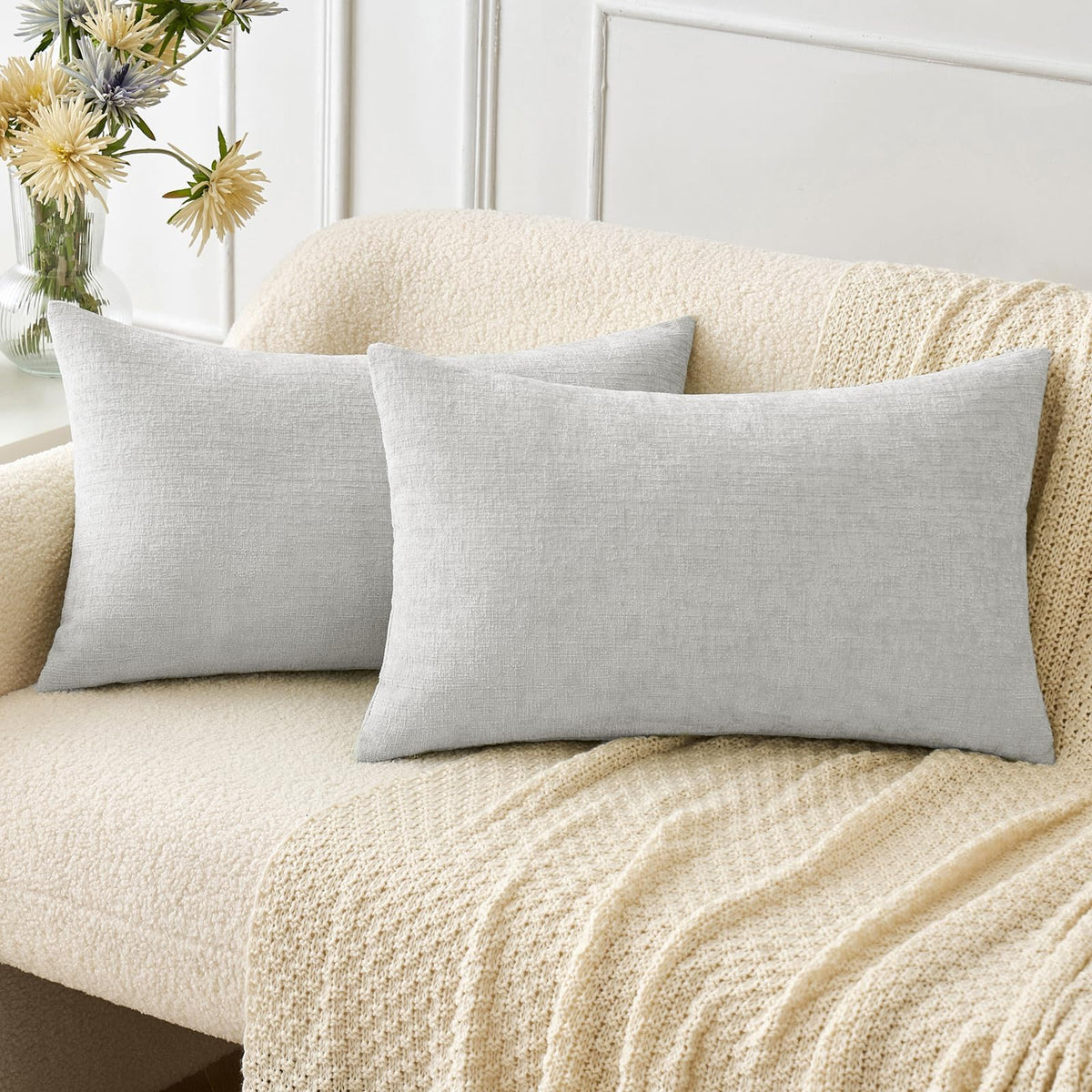 Miulee Pack Of 2 Light Gray Throw Pillow Covers 12X20 Inch Soft Chenille Pillow Covers For Sofa Living Room Couch Solid Dyed Cas