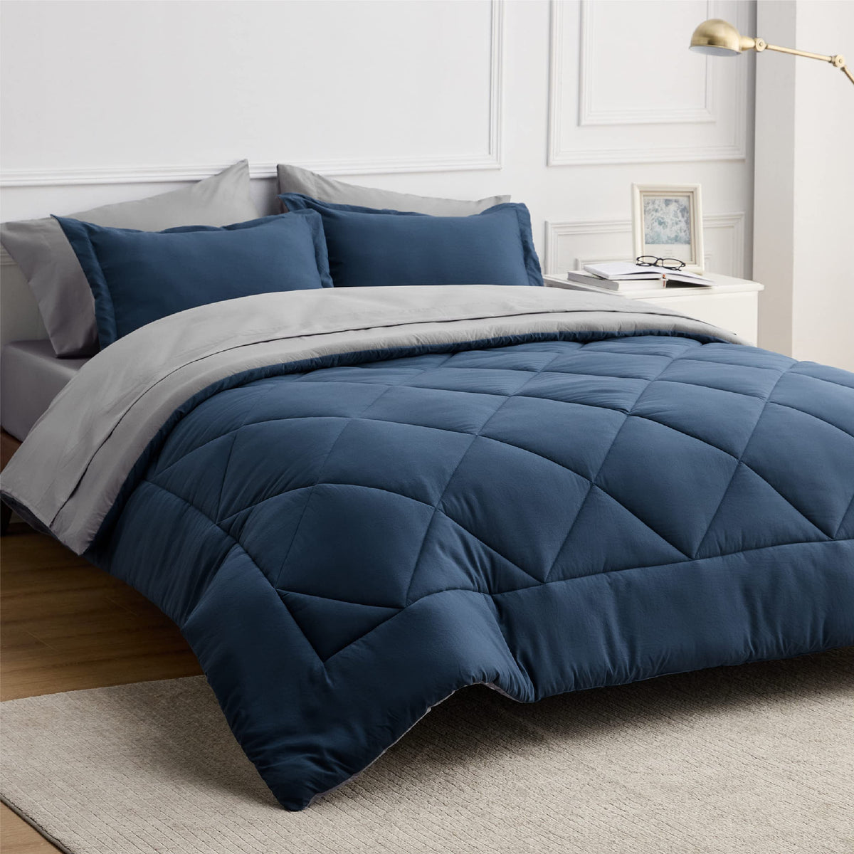 Bedsure Navy Comforter Set King - 7 Pieces Reversible King Navy Bed In A Bag, Bed Sets King With Comforters, Sheets, Pillowcases