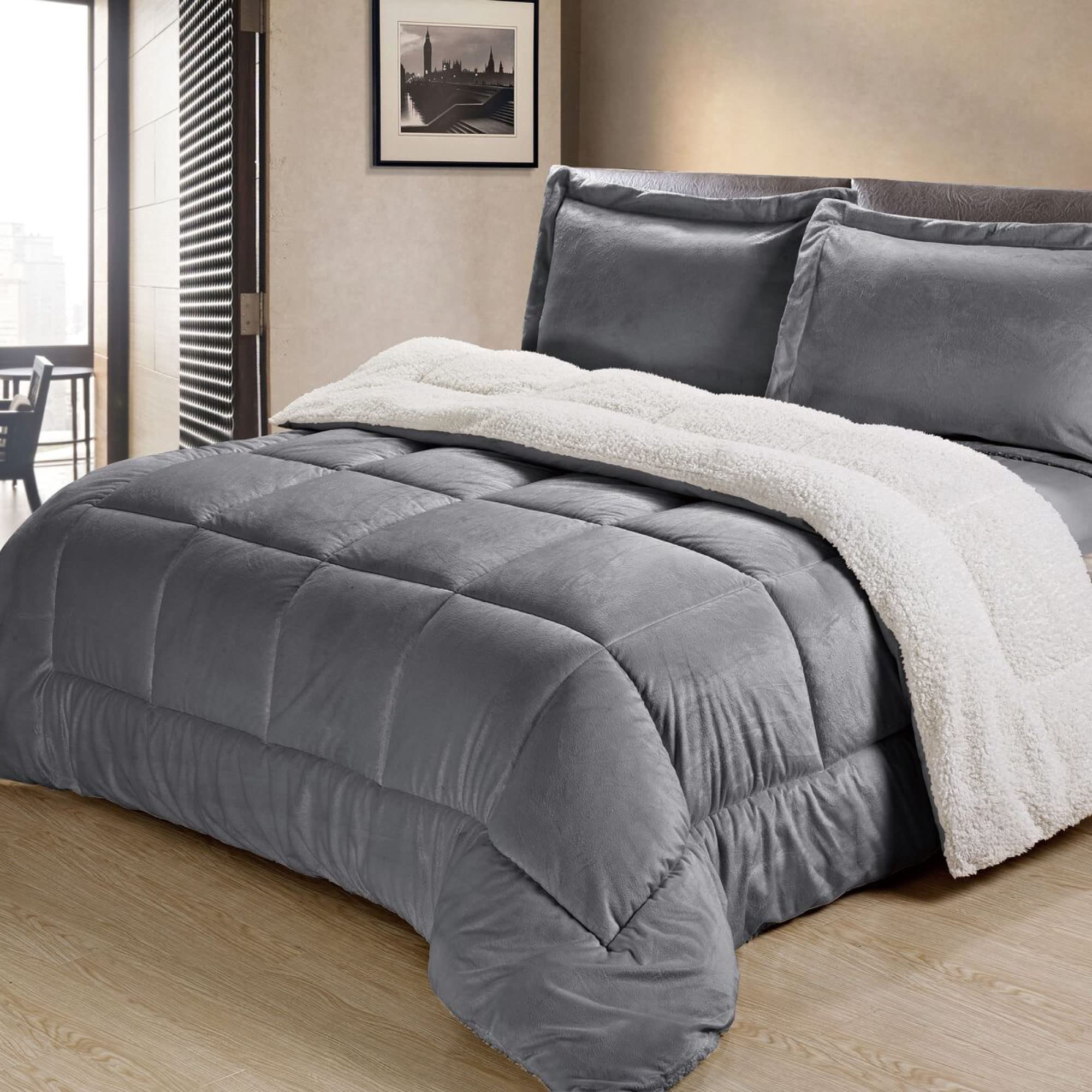 Cathay Home King Comforter Set: Ultra Soft And Plush Reversible Micromink And Sherpa 3-Piece Bedding Set, Pewter, King (102' X
