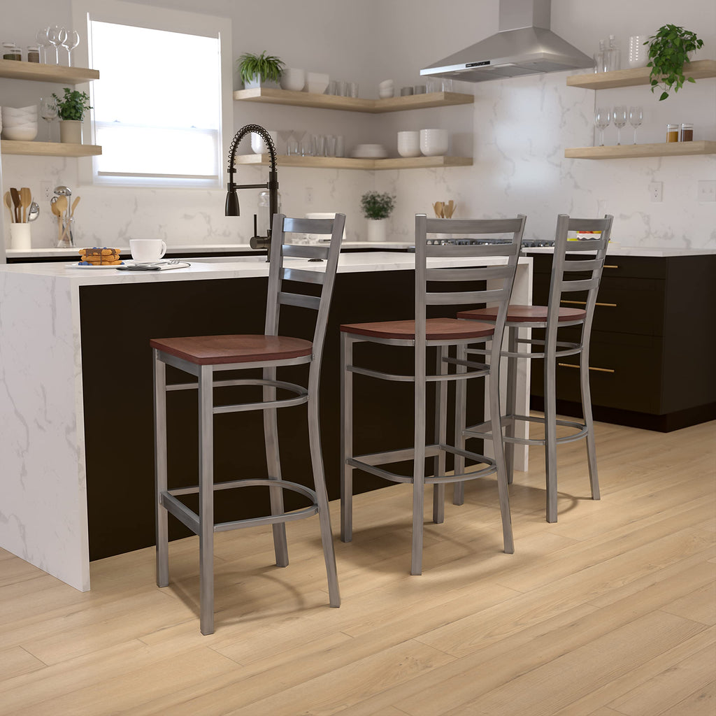 Flash Furniture Hercules Series Clear Coated Ladder Back Metal Restaurant Barstool - Cherry Wood Seat