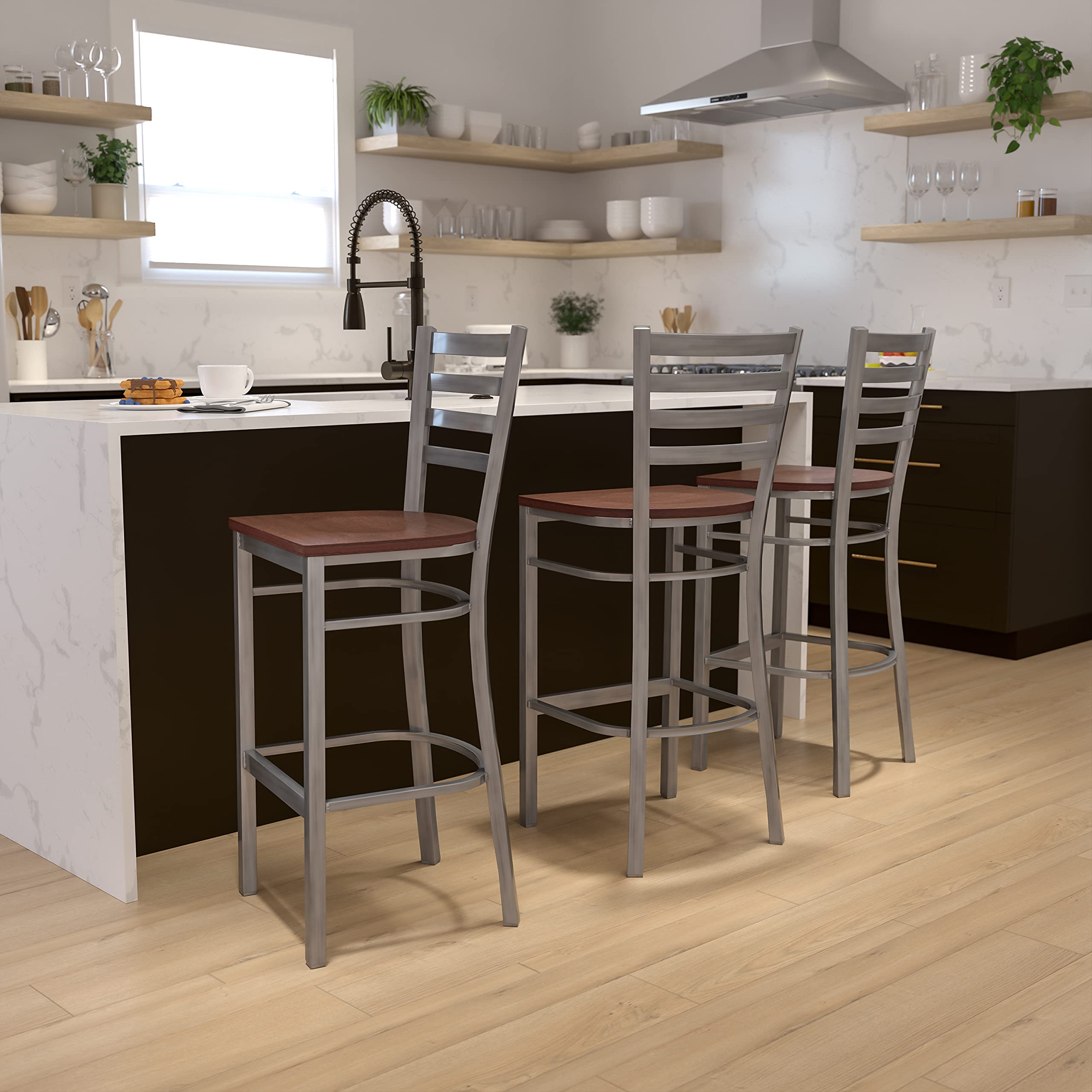 Flash Furniture Hercules Series Clear Coated Ladder Back Metal Restaurant Barstool - Cherry Wood Seat