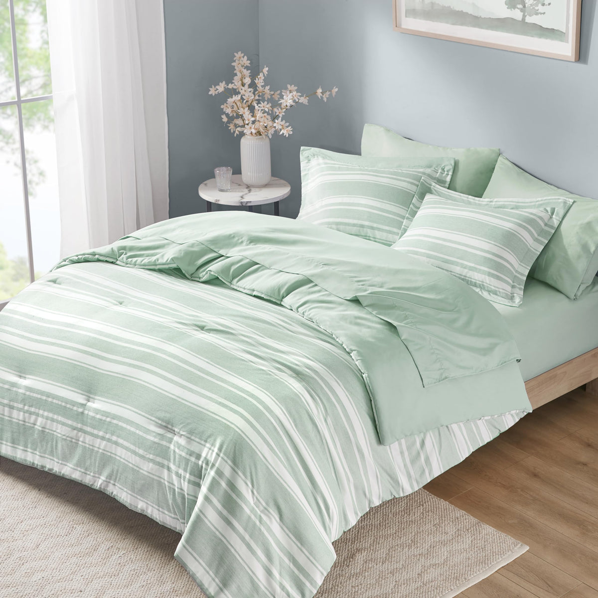 Codi Queen Comforter Set 7 Piece, Sage Green White Striped Bed in a Bag Reversible, Cationic Dyeing Shabby Chic Bedding Sets wit