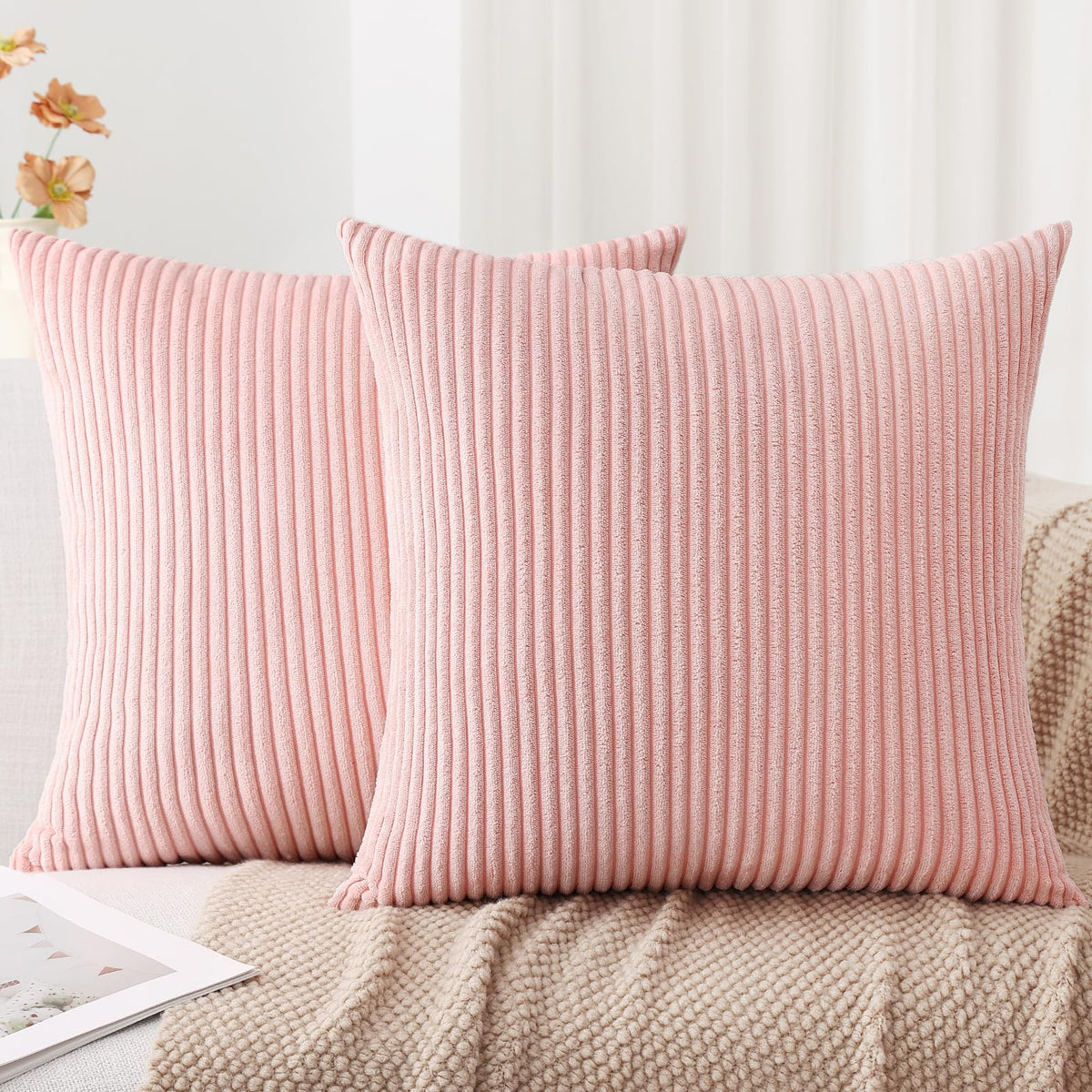 Mecatny Corduroy Decorative Throw Pillow Covers 20X20 Set Of 2 For Sofa Bedroom Living Room, Stylish Soft Striped Couch Spring P