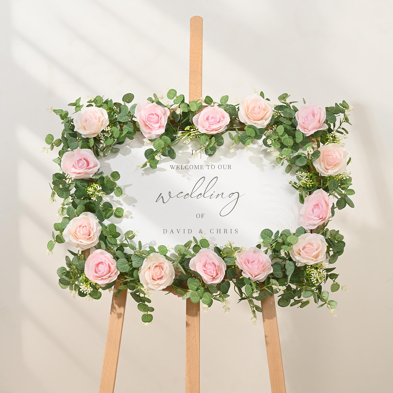 Dolicer 2Pcs 13Ft Artificial Eucalyptus Garlands With Flowers - 8 Roses, Faux Floral Greenery Garlands Fake Flowers Vines For We