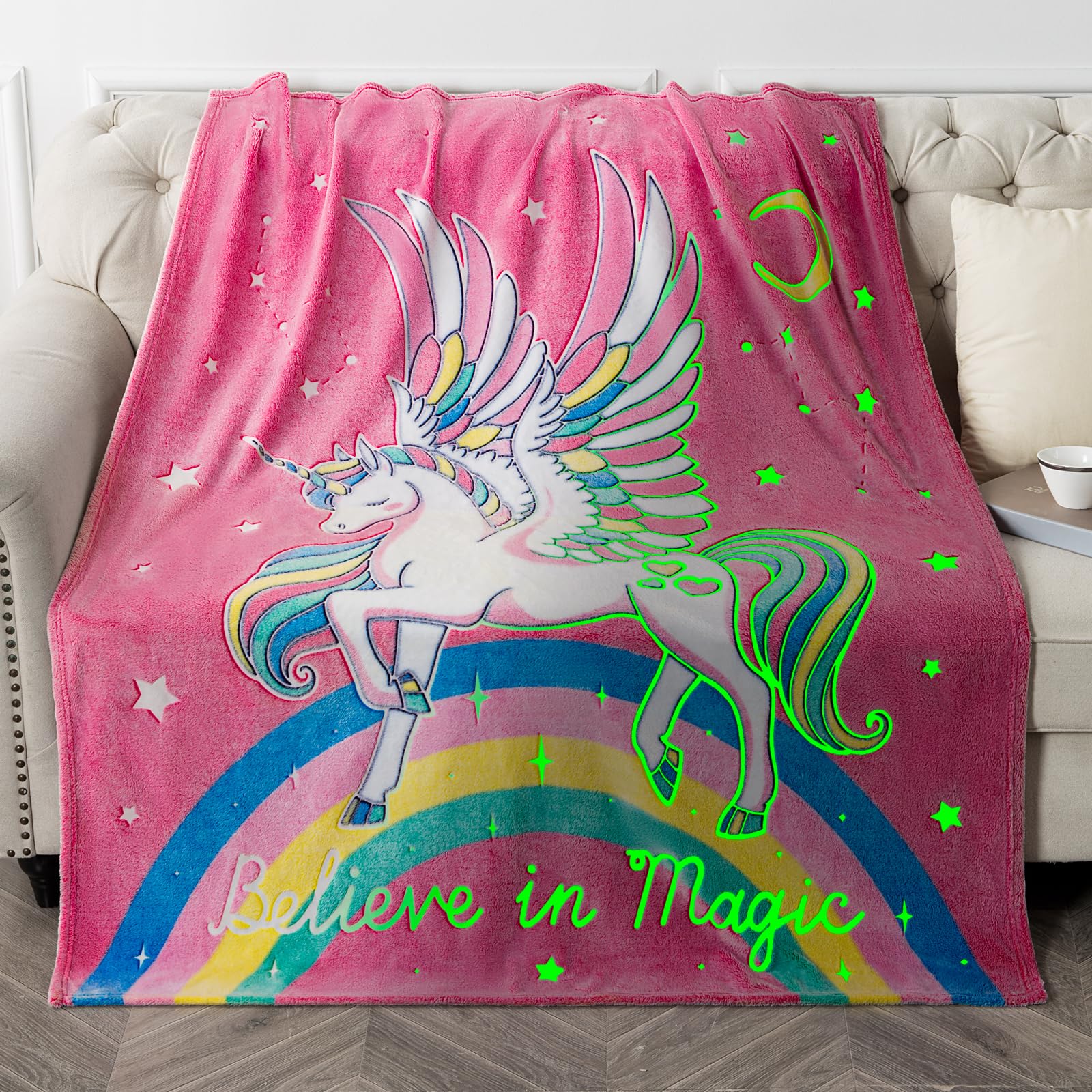 Unicorn Gifts Toys For Kids Girls - Glow In The Dark Blanket Age 1-13 Years Old Birthday Christmas Valentine'S Gift Easter Presents Toddler Teen Daughter Grandkids Rainbow Moon Stars Throw 50'X60'