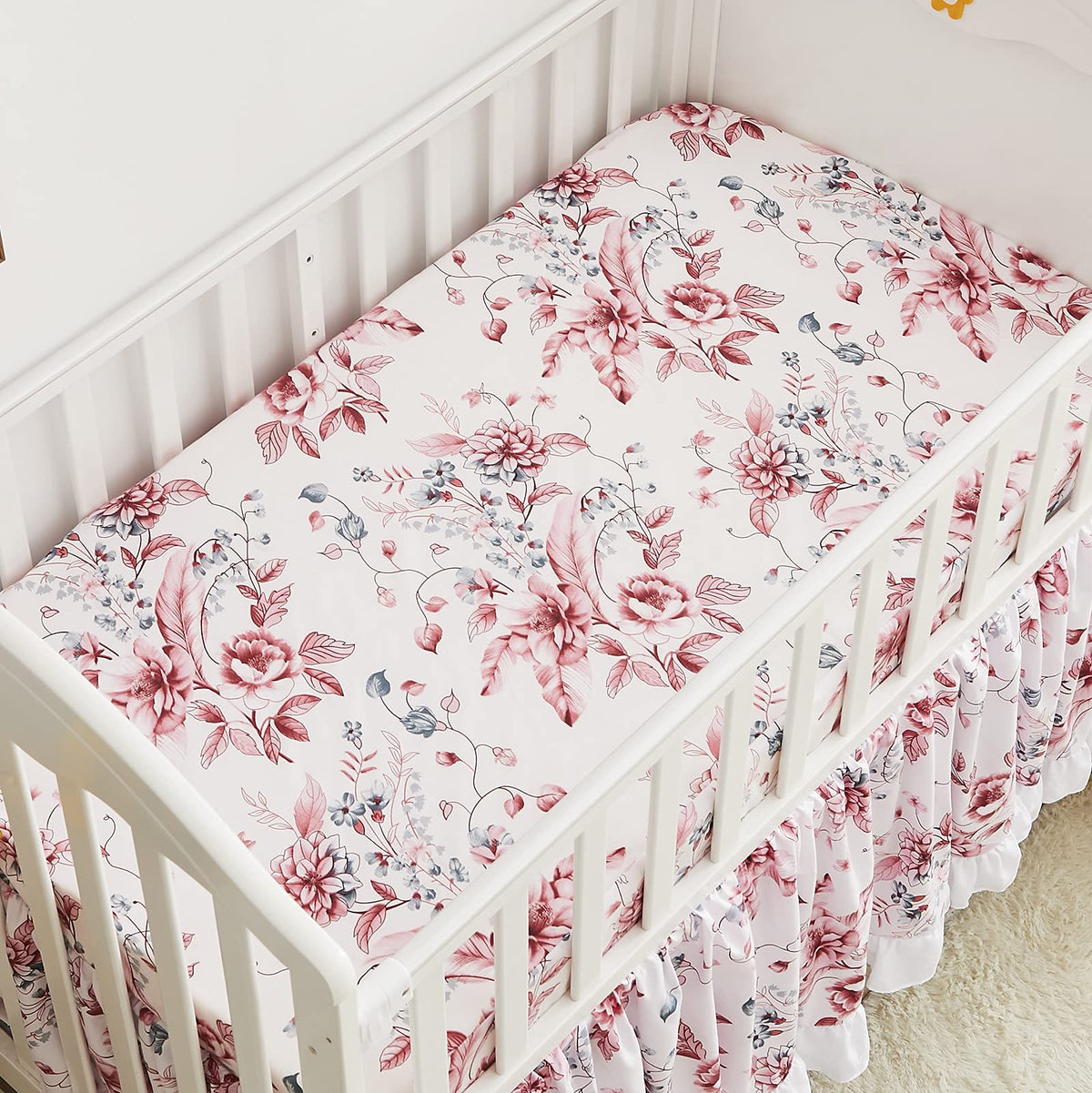 Brandream Girls Pink Floral Sheet Farmhouse Fitted Sheet American Country Breathable Cotton Sheet For Standard Bed Mattress, 1 P