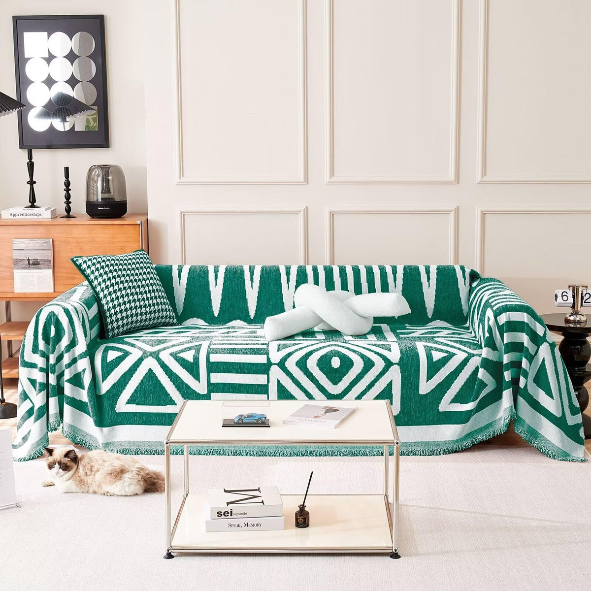 Vclife Boho Sofa Cover Breathable Pet Friendly Chenille Couch Cover For 2 Cushion Couch Sofa Washable Sectional Dark Green White