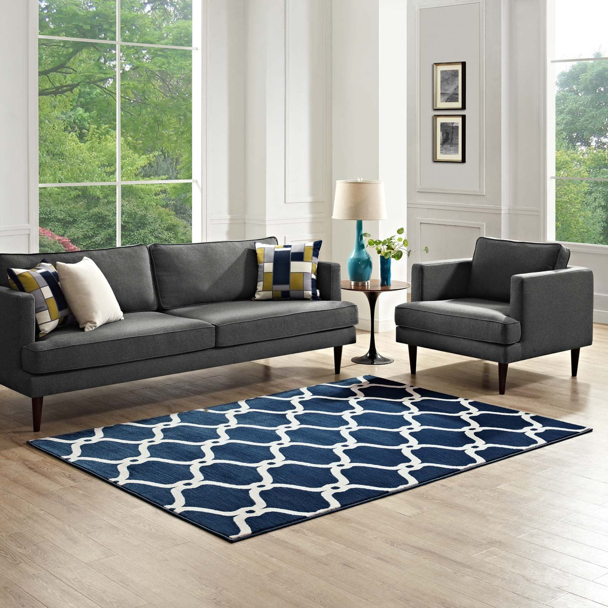 Modway Beltara Chain Link Transitional Trellis Area Rug, 5X8, Moroccan Blue And Ivory
