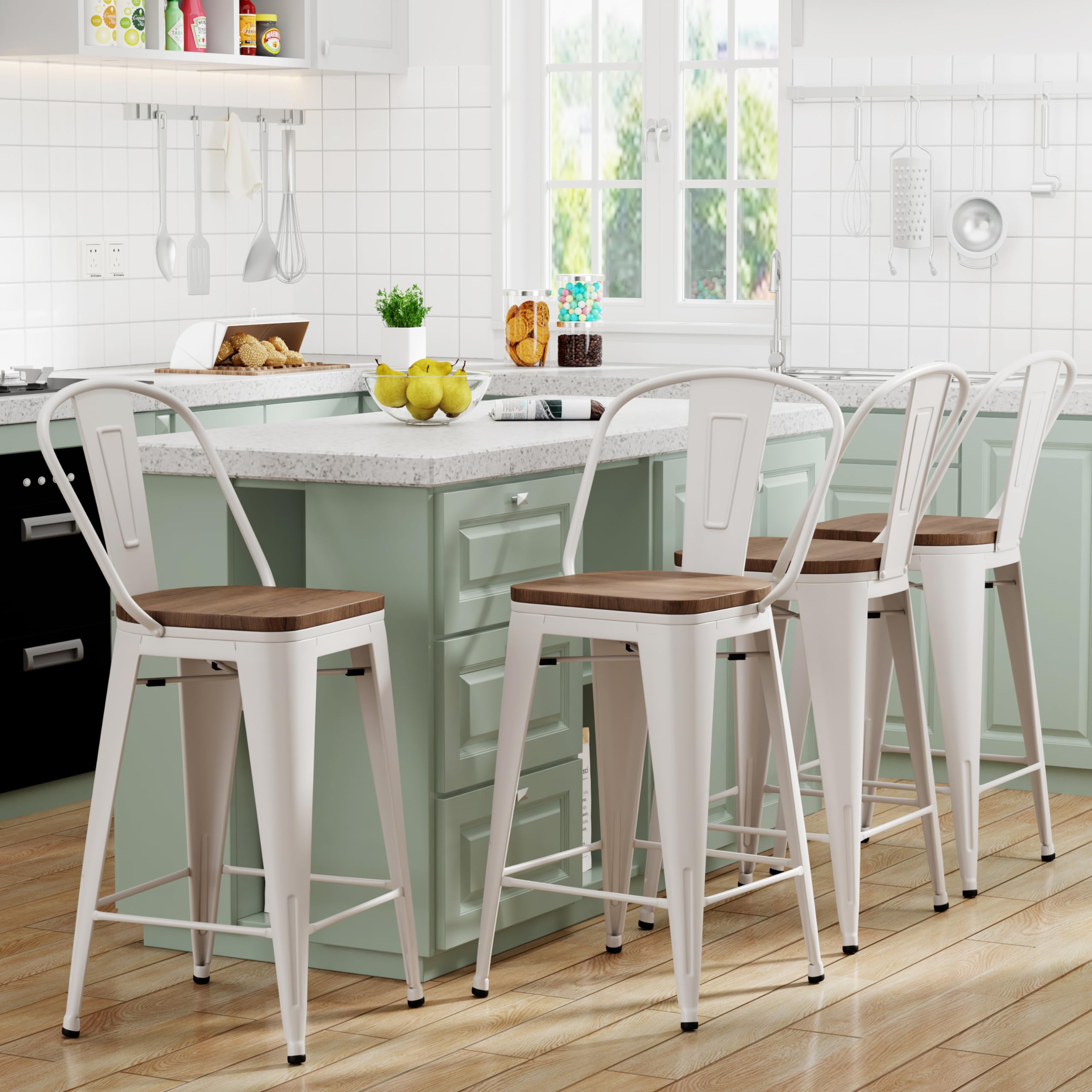 Yongqiang 24 Metal Bar Stools Set of 4 Kitchen Counter Height Bar Chairs High Back Farmhouse Barstools with Large Wooden Seat Cr