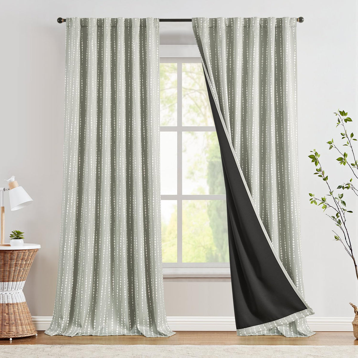 Jinchan 100% Blackout Boho Curtains Moon Phases Printed Bedroom Curtains 96 Inches Long Grey Drapes Rod Pocket Back Tab Thermal