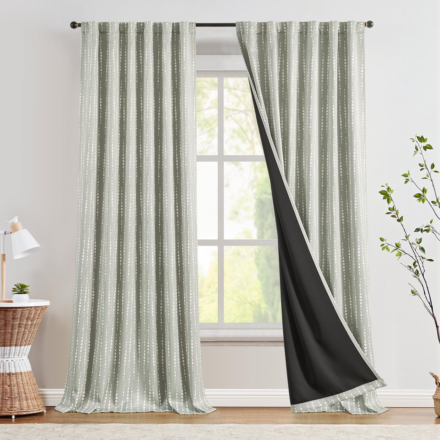 Jinchan 100% Blackout Boho Curtains Moon Phases Printed Bedroom Curtains 96 Inches Long Grey Drapes Rod Pocket Back Tab Thermal