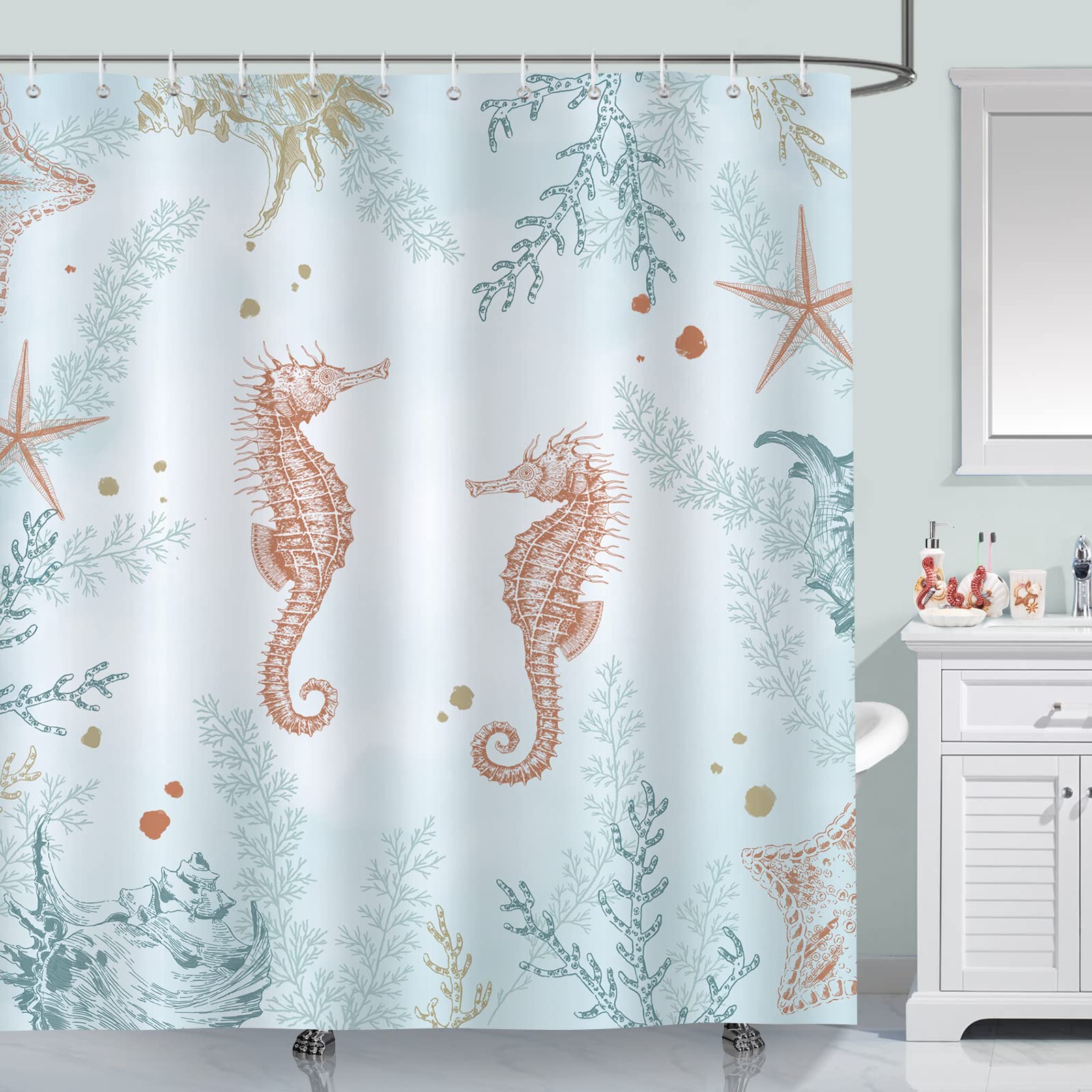 Bonhause Coastal Seahorse Shower Curtain, Blue Ocean Beach Starfish Coral Underwater Bathroom Curtain 72 x 72 Inch Polyester Fab