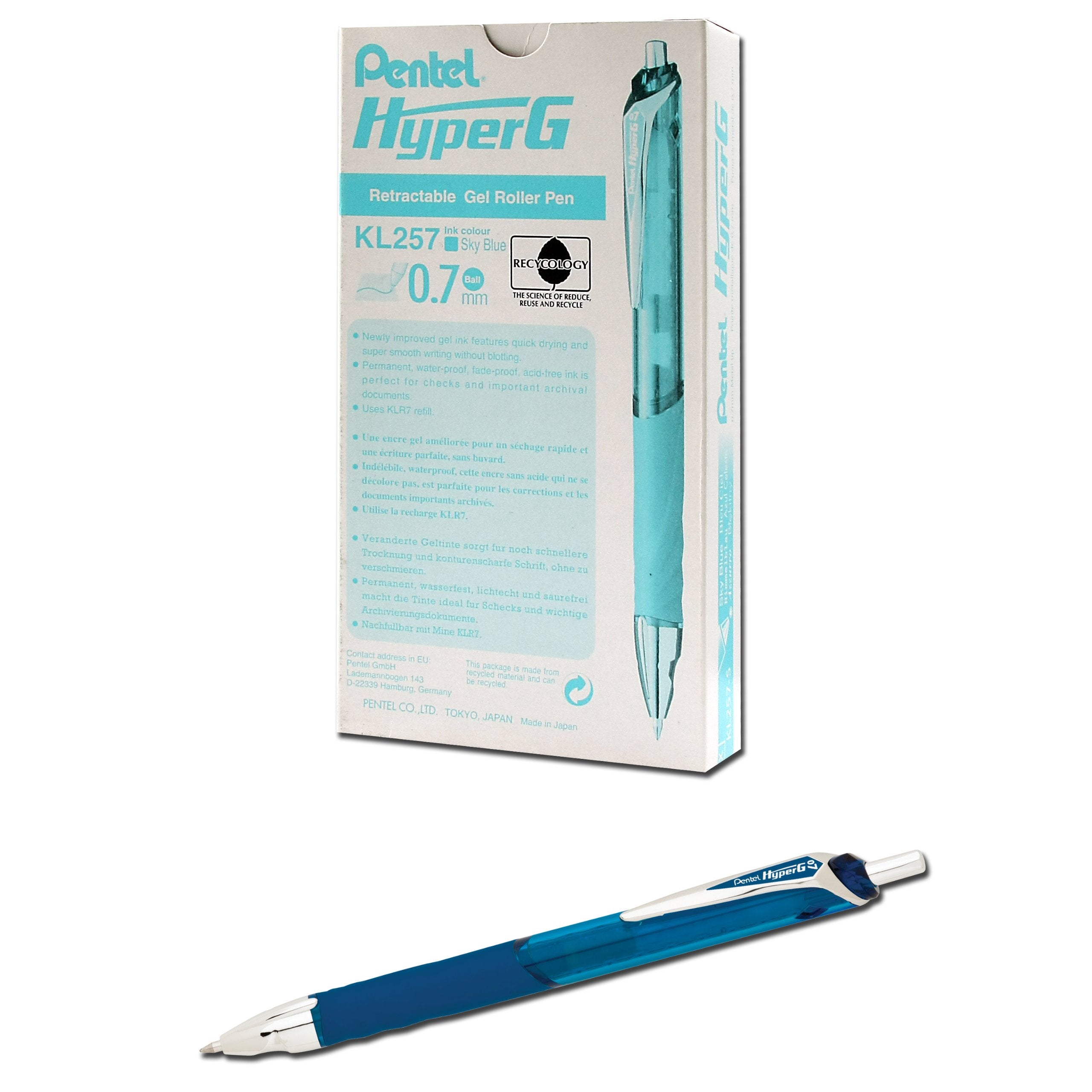 Pentel Hyper G Retractable Gel Roller Pen, Medium Line, Permanent Sky Blue Ink, Box Of 12 (Kl257-S)