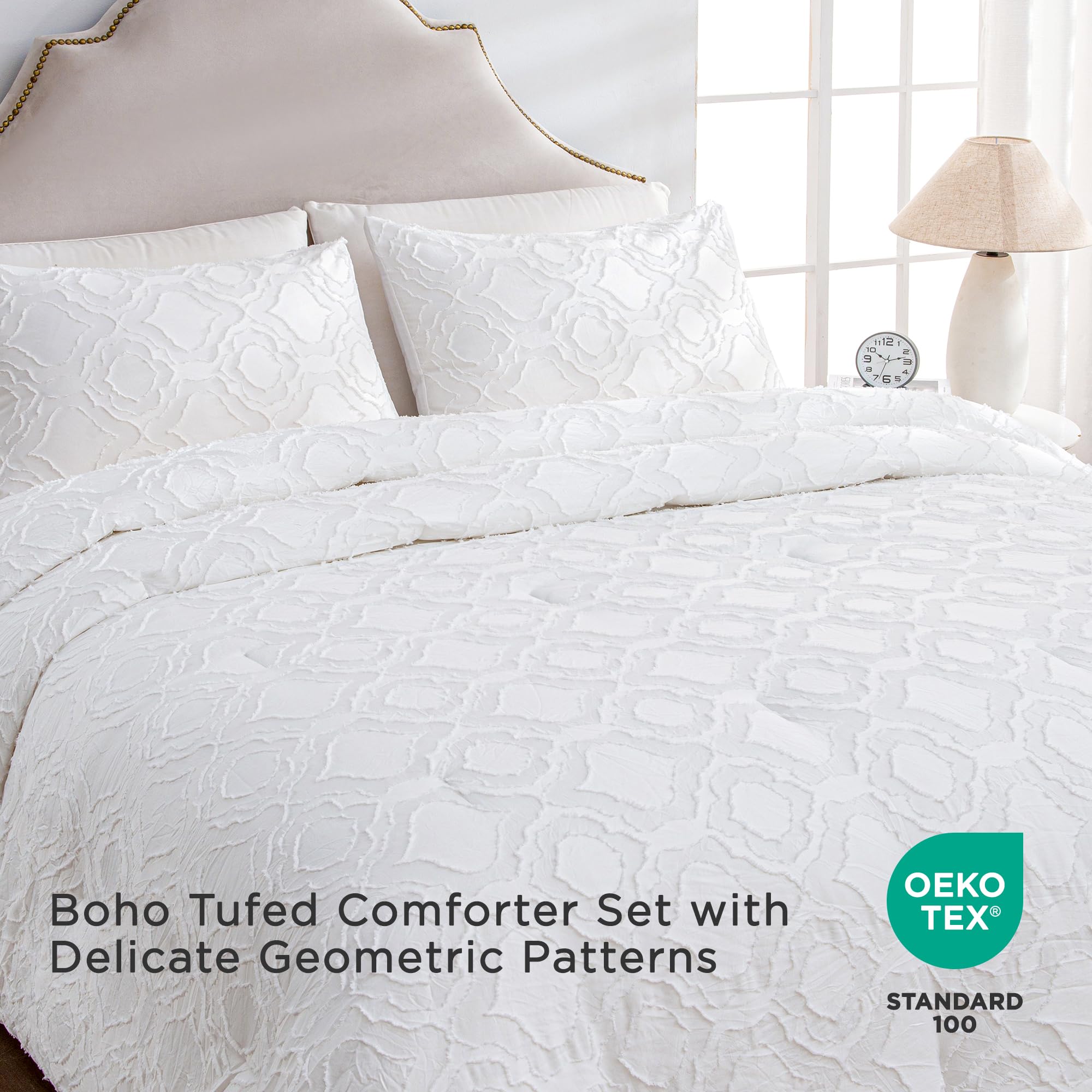 Andency White Floral Tufted Comforter Set King(104X90Inch), 3 Pieces(1 Boho Comforter, 2 Pillowcases) Textured Farmhouse Comforter, Soft Microfiber Down Alternative Geometric Comforter Bedding Set