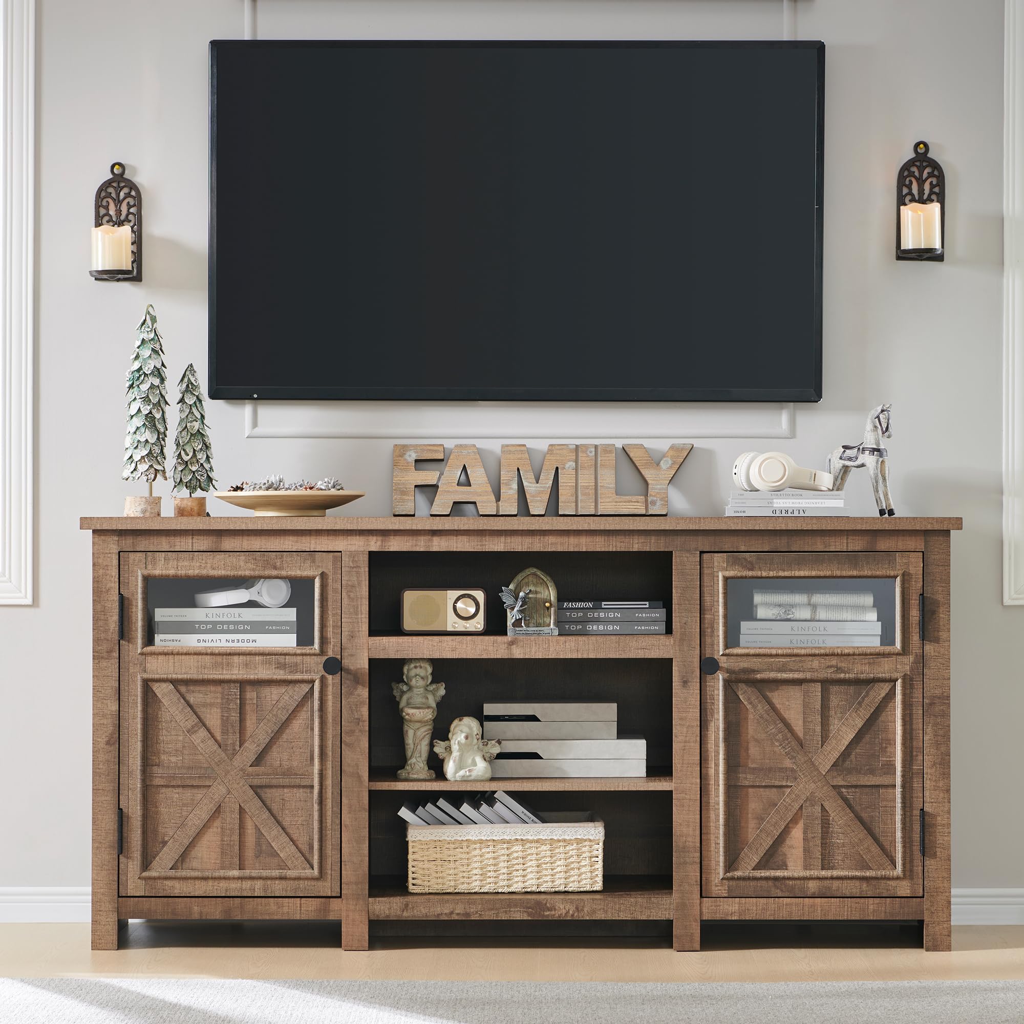 Jxqtlingmu Farmhouse Tv Stand For 75 Inch Tv, Entertainment Center With Storage, Modern Tv Cabinet With Barn Doors, 66' Rustic Tv Console For Living Room, Adjustable Shelf - Light Brown