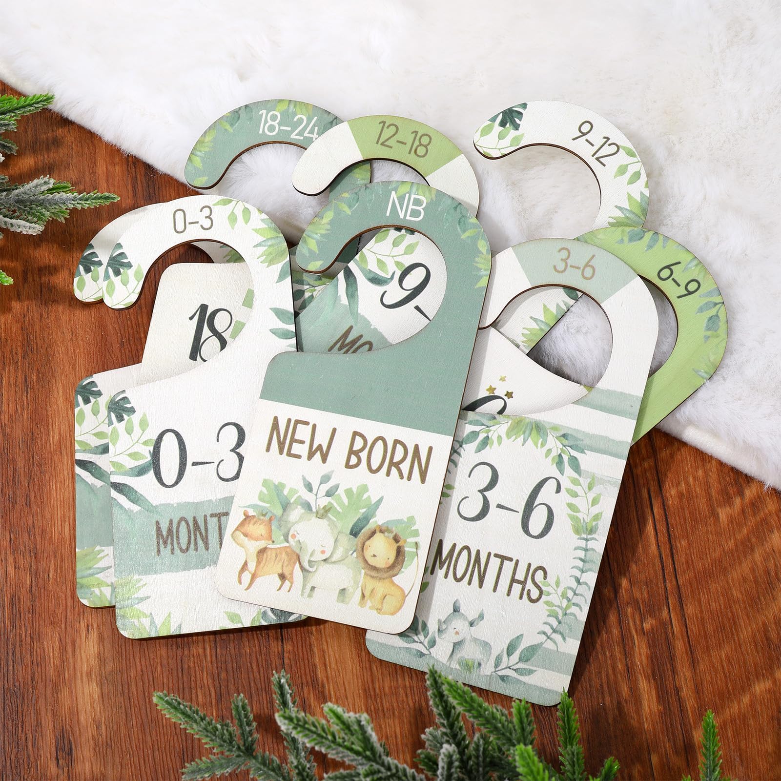 Whaline 8Pcs Baby Closet Size Dividers Watercolor Jungle Animals Hanging Wooden Baby Closet Organizer Double-Sided Newborn to 24