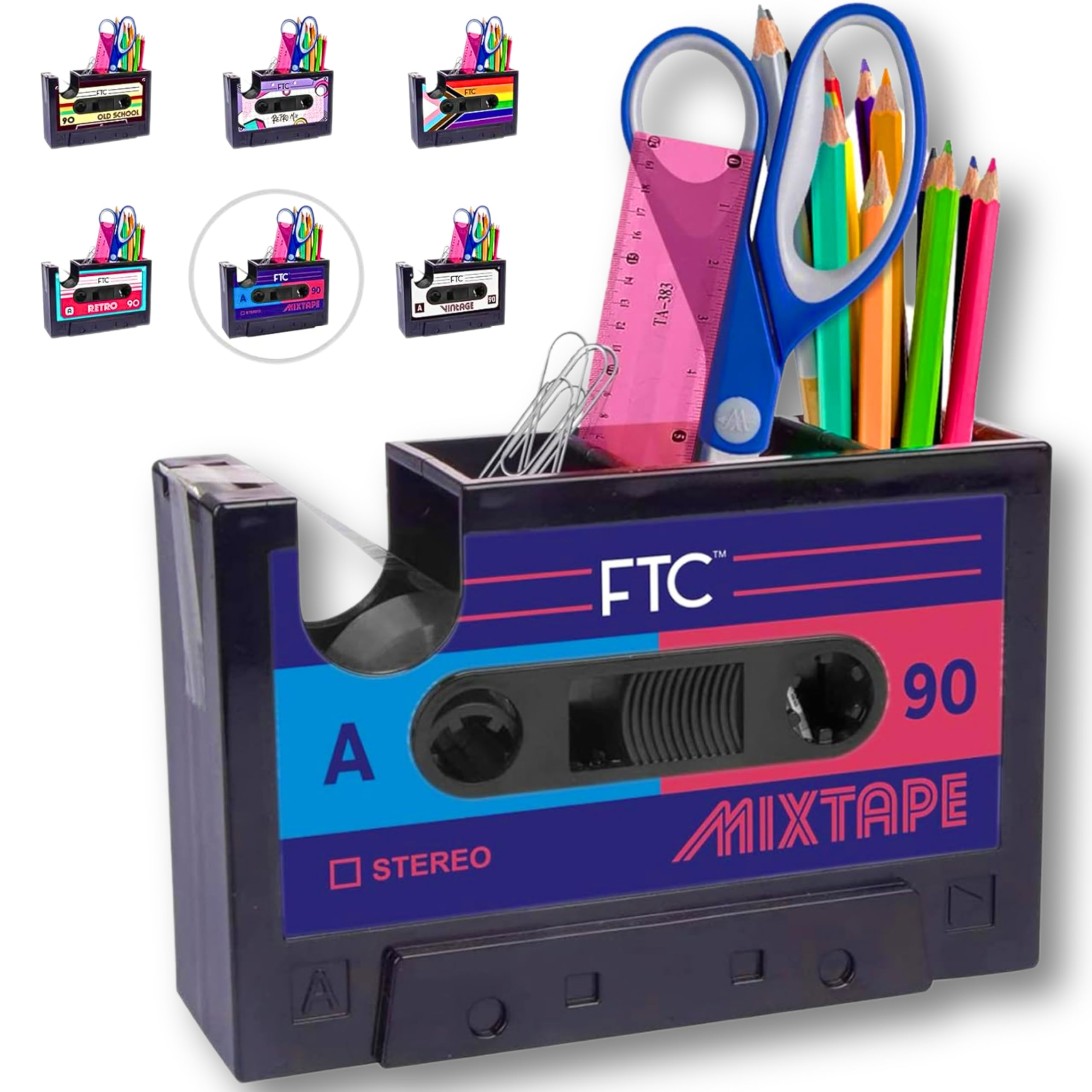 Ftc Fun Cassette Tape Dispenser - Retro Office Supplies Holder - Vintage Desk Decor Accessories - 6.70' X 1.98' X 4.53' (Mix