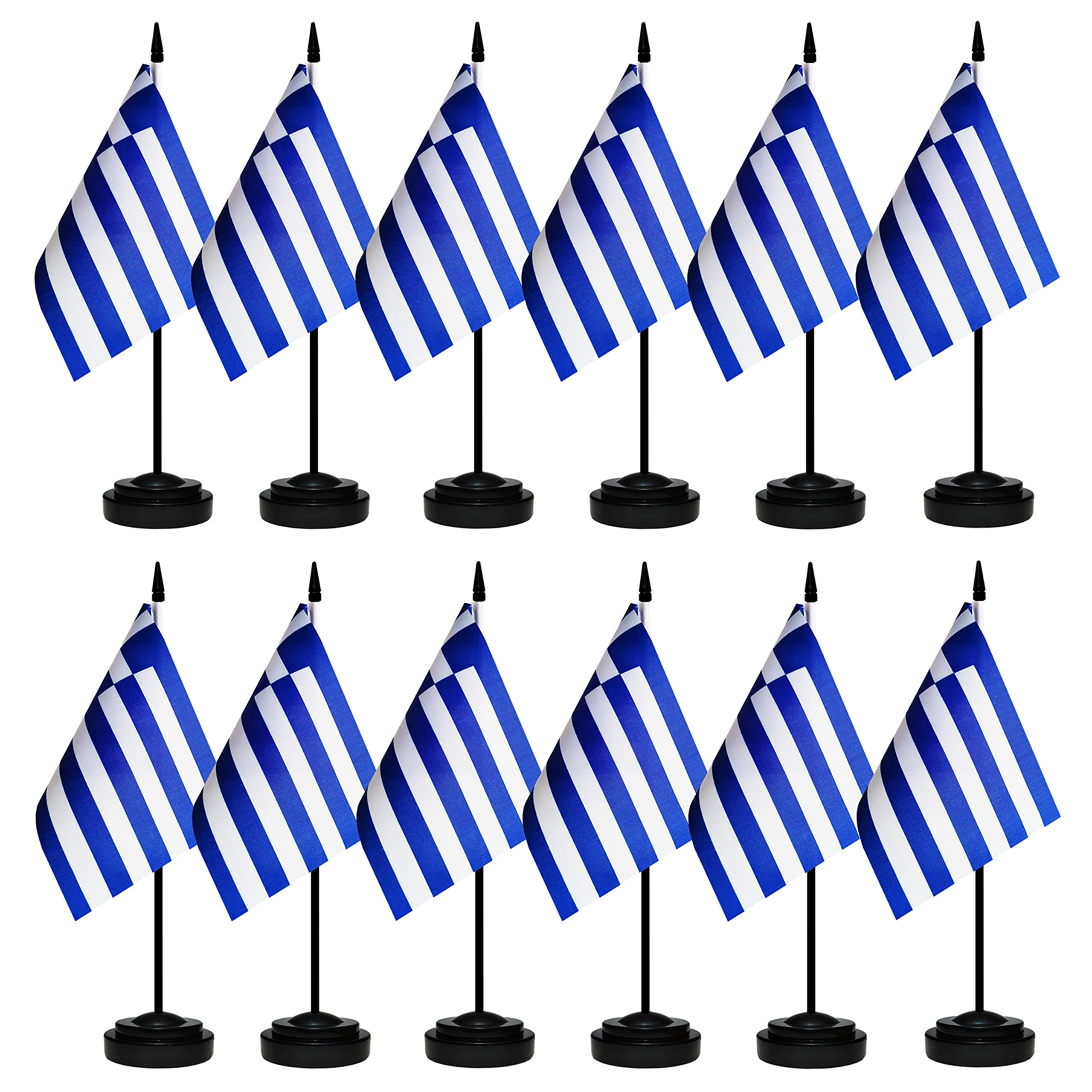 12 Pack Greece Desk Flags Set, Greek Small Mini Table Office Flags With 12' Solid Black Pole, 8.2 X 5.5 Inches, Home And Office