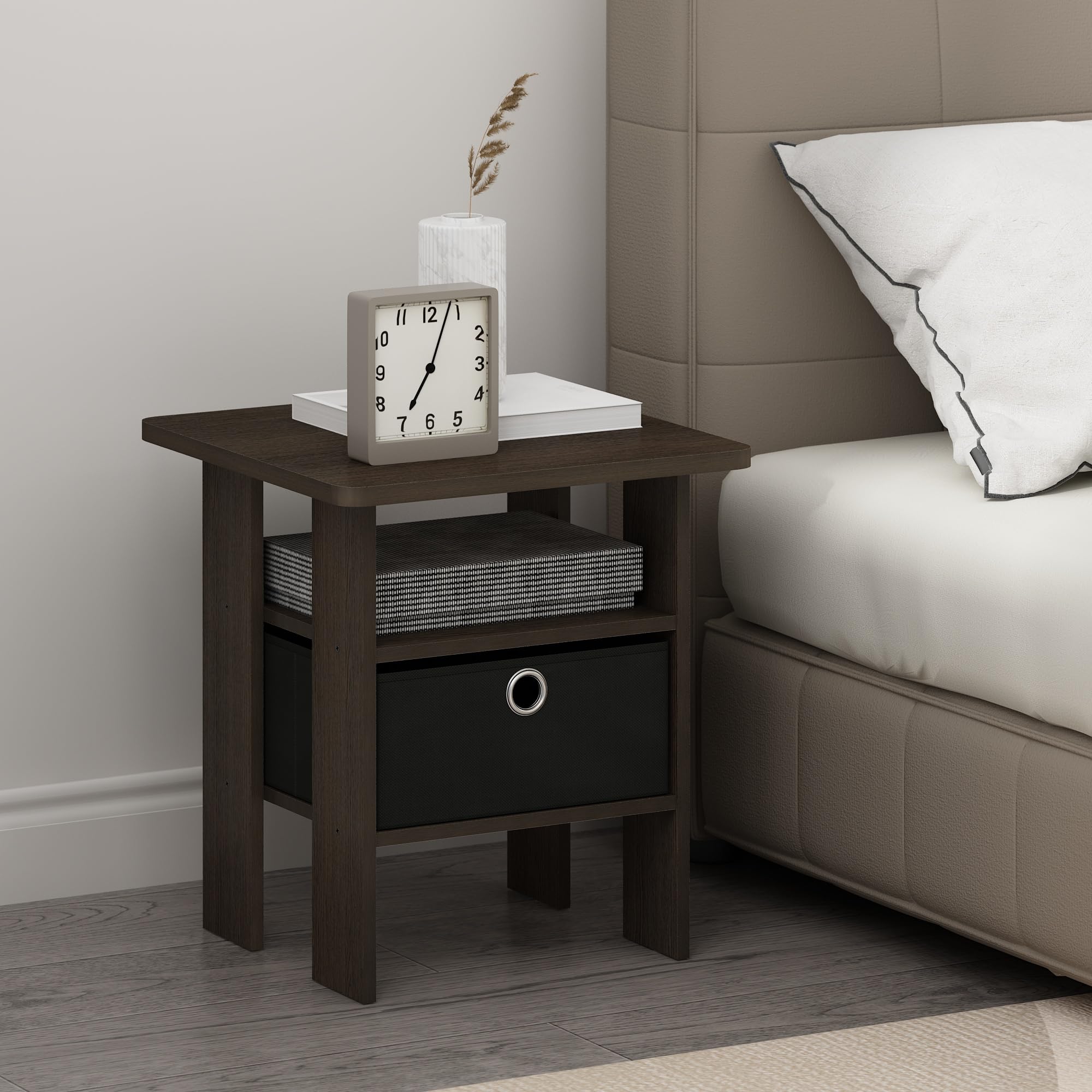 Furinno Tidur Bedside Table Nightstand With Bin Drawer, Dark Brown/Black, Set Of 2