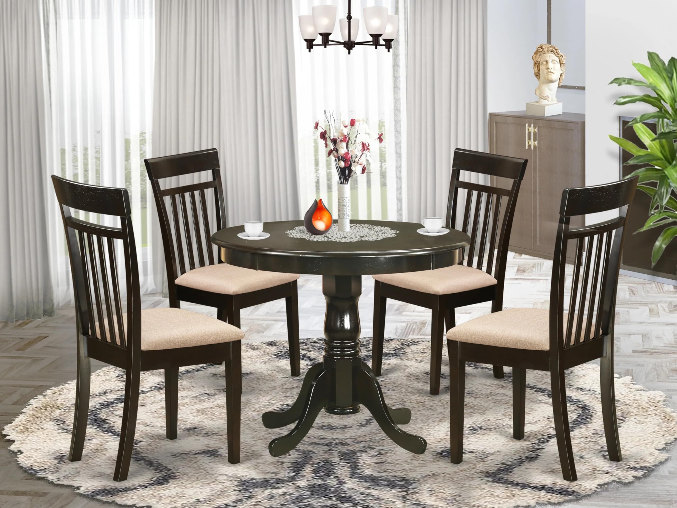 East West Furniture ANCA5-CAP-C 5 Piece Kitchen Table Set for 4 Includes a Round Dining Room Table with Pedestal and 4 Linen Fabric Upholstered Dining Chairs, 36x36 Inch, Cappuccino
