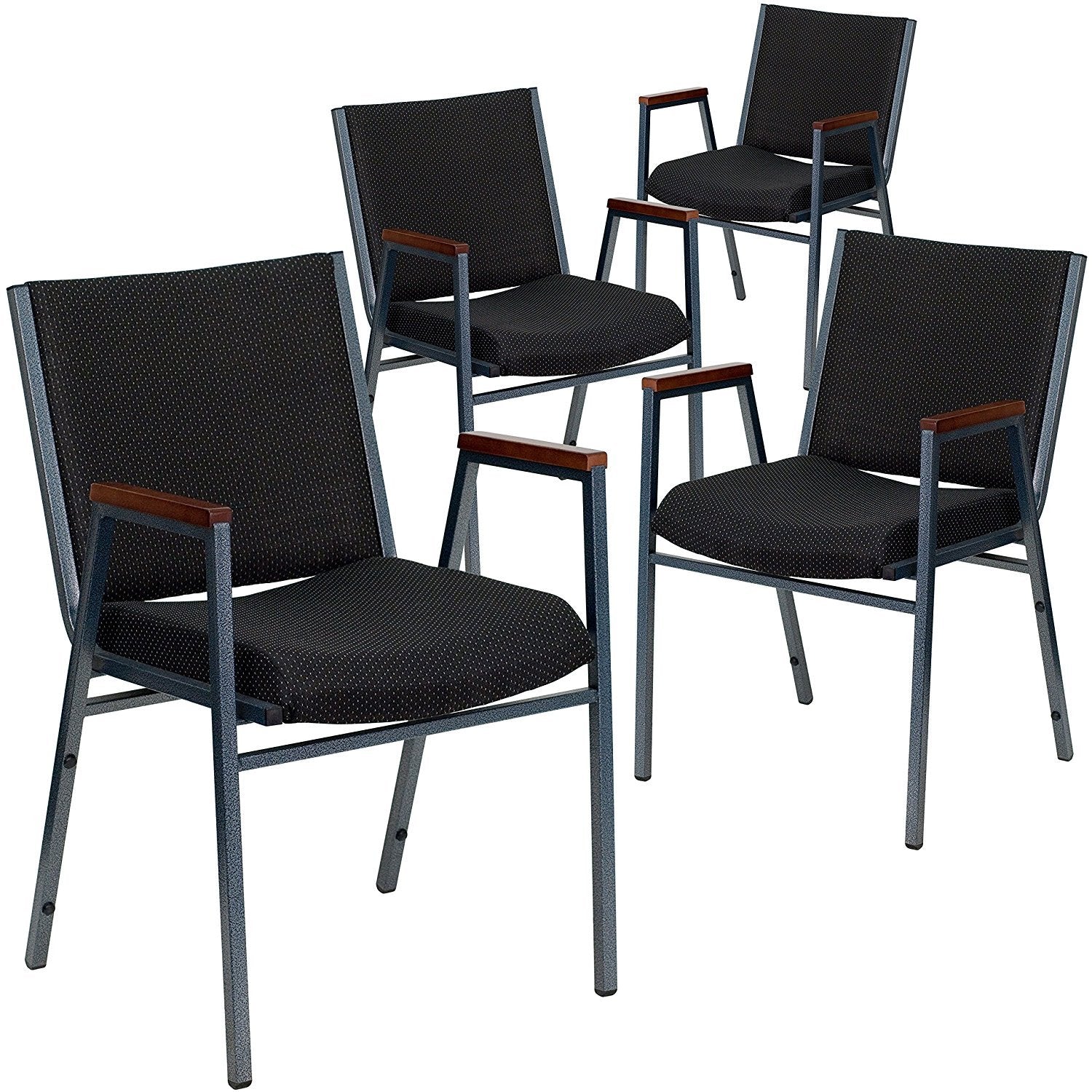 4 Pk. 3 Thickly Padded, Black Patterned Upholstered Stack Chair with Arms