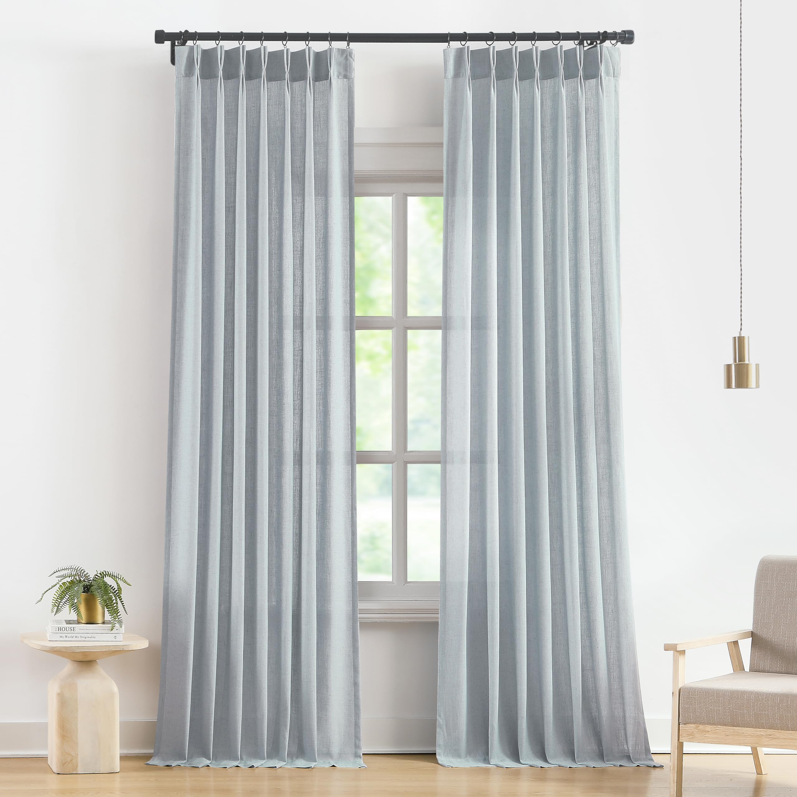Vision Home Blue Fog Pinch Pleated Semi Sheer Curtains Textured Linen Blended Light Filtering Window Curtains 120 Inch For Livin
