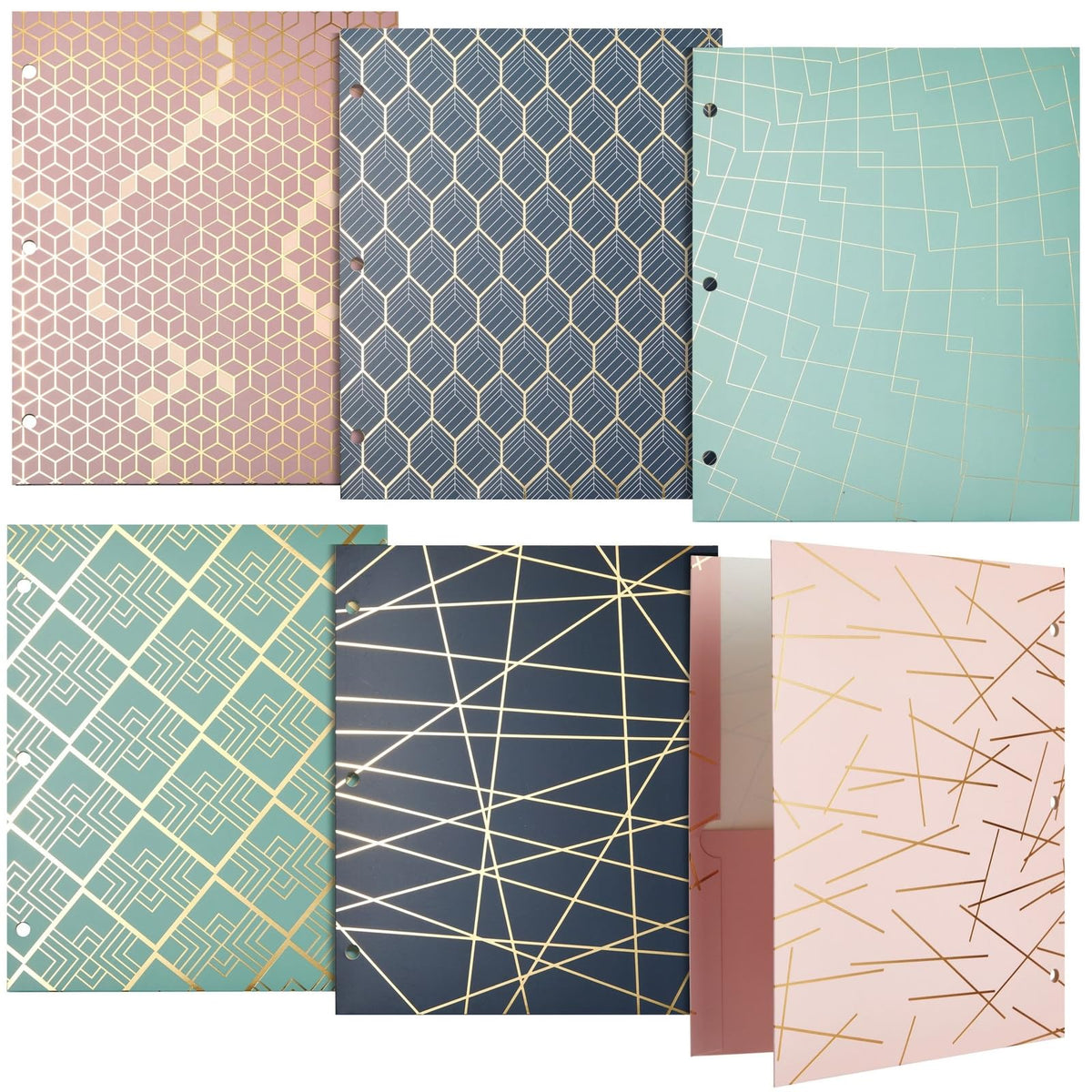 6 Pack School Folders With Pockets, 3 Hole Punched With 6 Geometric Designs For Office Supplies (9.5 X 12 In)