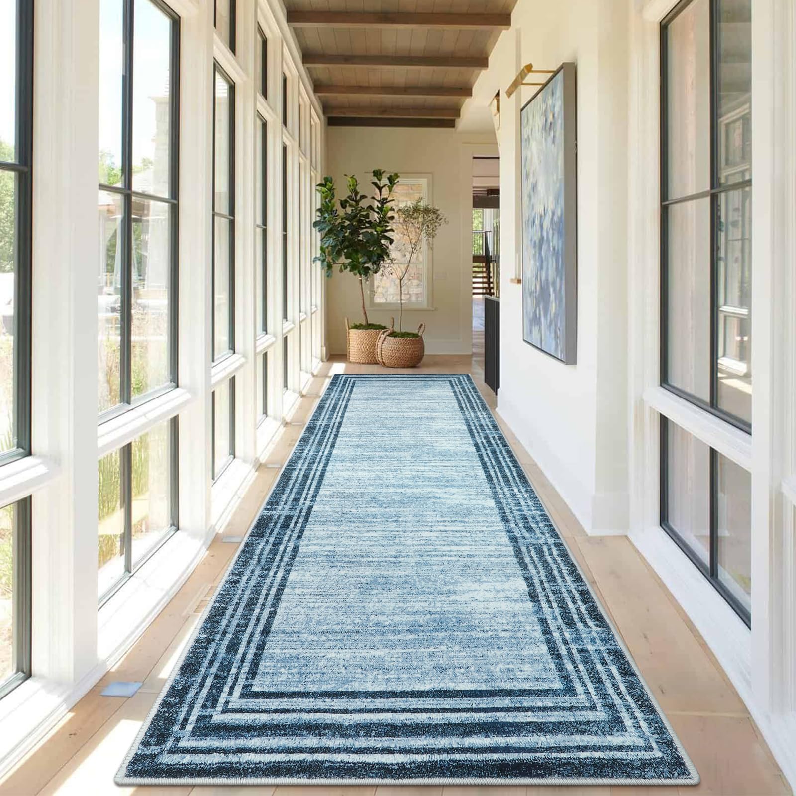 Lahome Abstract 2.5x10 Blue Runner Rug,Washable Modern Hallway Runner Rug Non Slip,Minimalist Bordered Floor Carpet Long Runner 