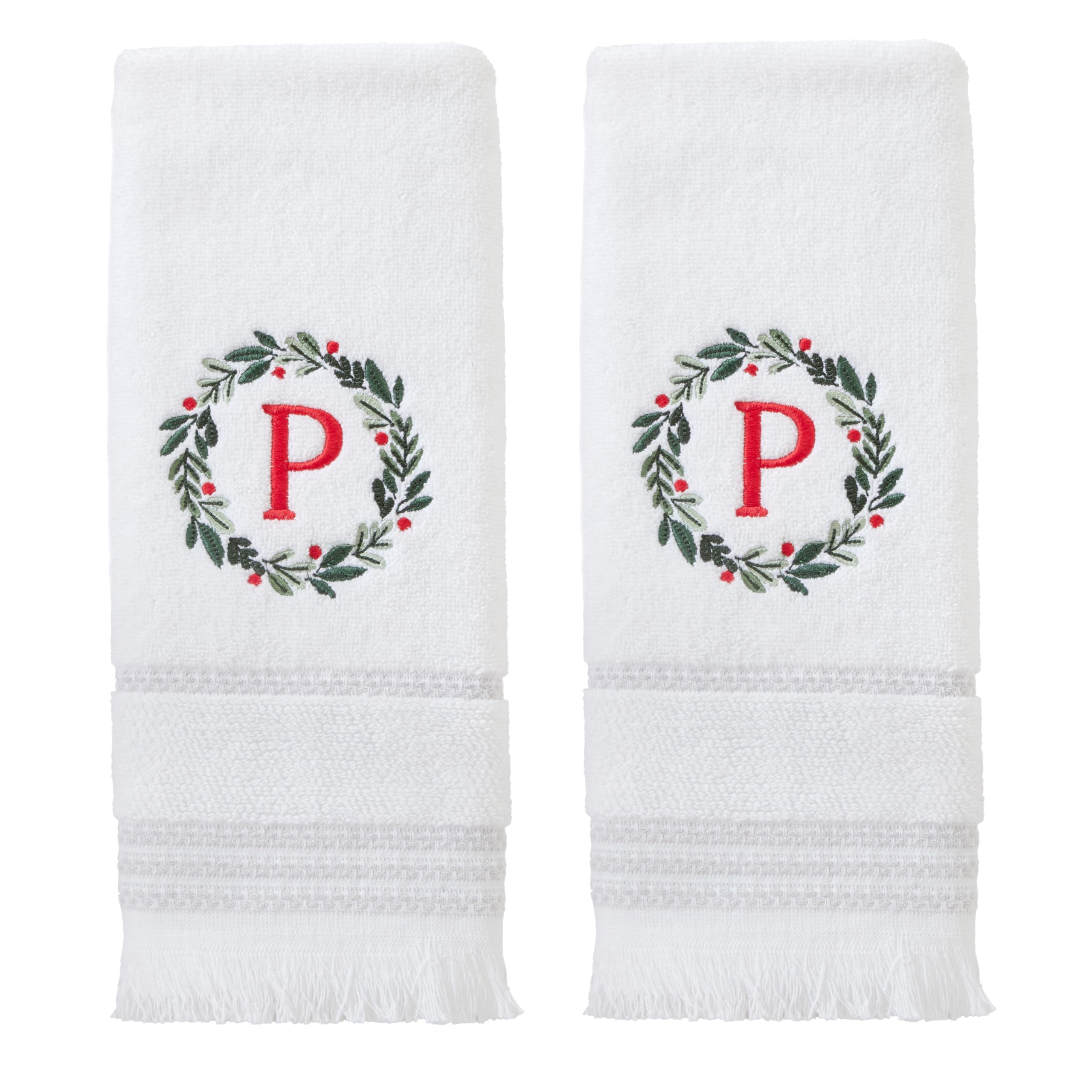 SKL Home Christmas/Winter Wreath Monogram Hand Towel P 2pc Set for Bath/Kitchen/Bar & Gift, White