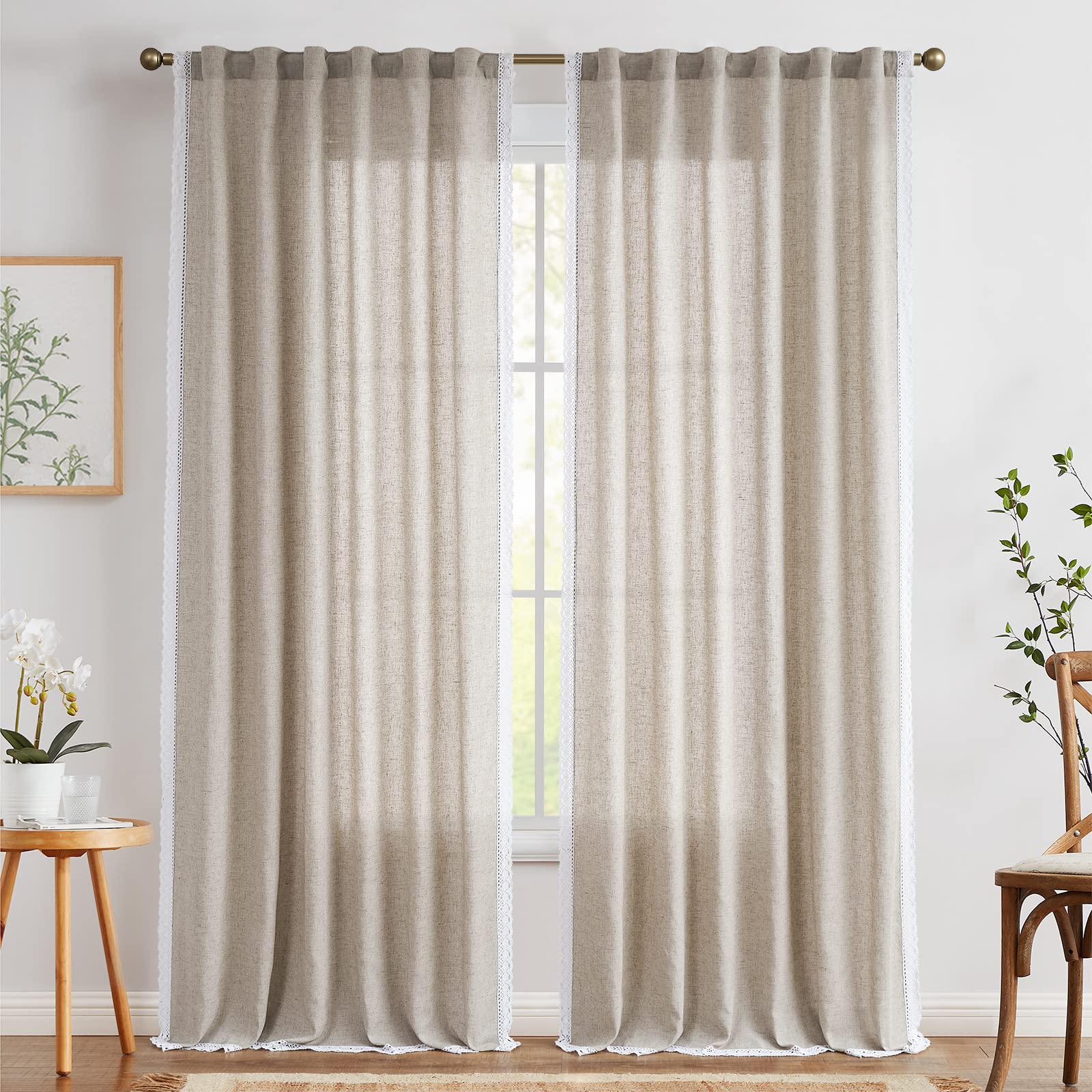 Jinchan Linen Blend Curtains 90 Inches Long 2 Panels Farmhouse Curtains With Lace Trim For Living Room Taupe Rustic Curtains Rod Pocket Back Tab Light Filtering Curtains Bedroom Window Curtain Set