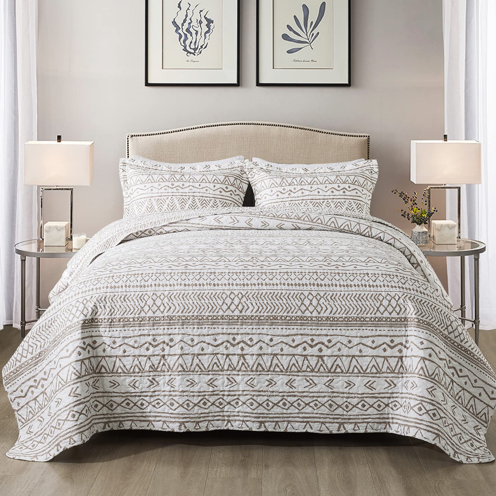 Newlake Quilt Bedspread Sets-Reversible Soft Beige Striped Vintage Pattern Coverlet Set, Queen Size