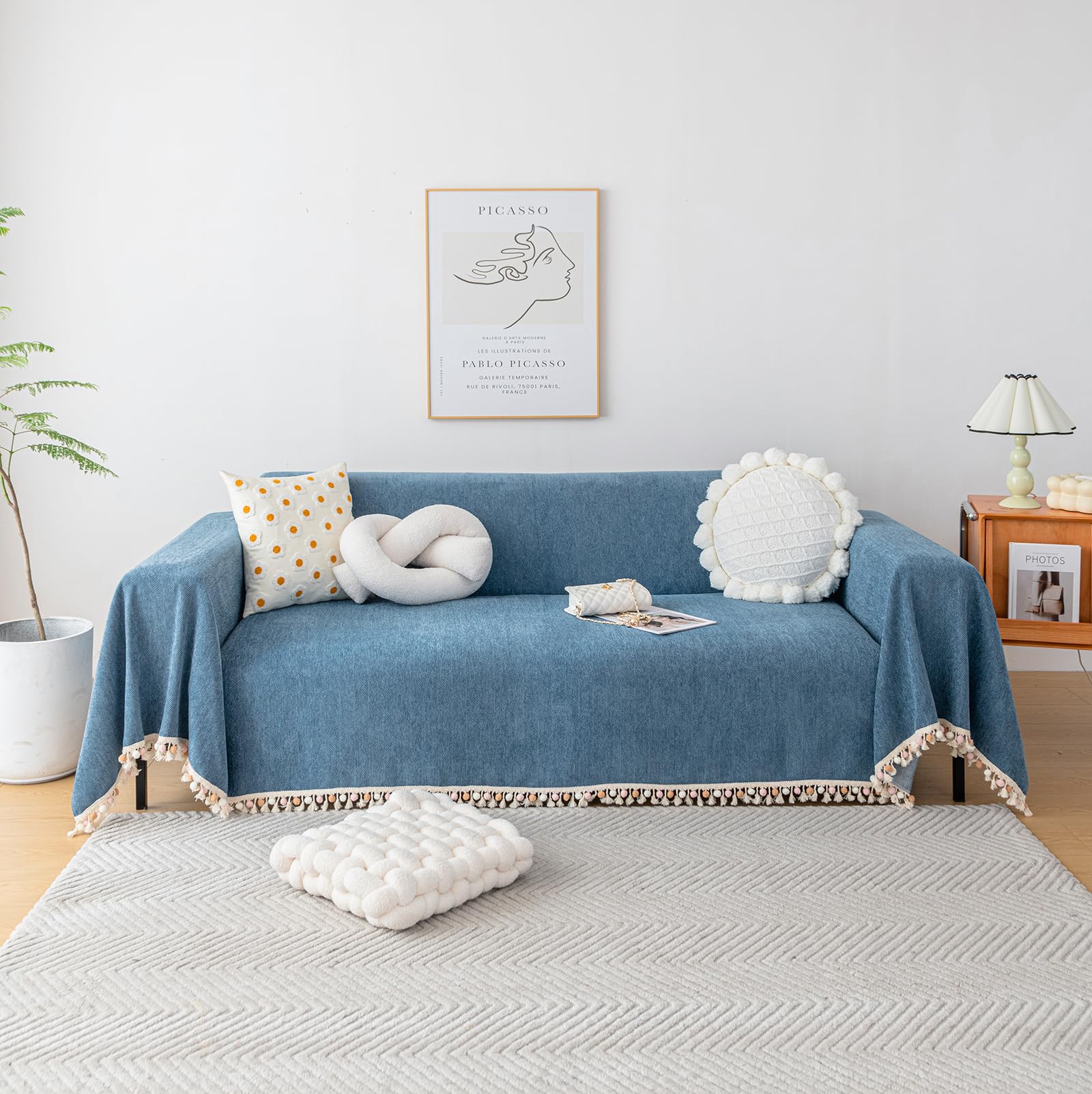 Handontime Couch Slipcover Dog Sofa Covers Boho Couch Cover For Dogs Blue Sofa Throw Cover Bohemian Sofa Covers For 3 Cushion Couch Herringbone Sectional Couch Cover Slipcovers For Sofas, 91' X150'