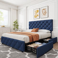 IDEALHOUSE Queen Size Bed Frame with 4 Storage Drawers and Adjustable Headboard, Linen Upholstered Platform Beds, Diamond Stitch