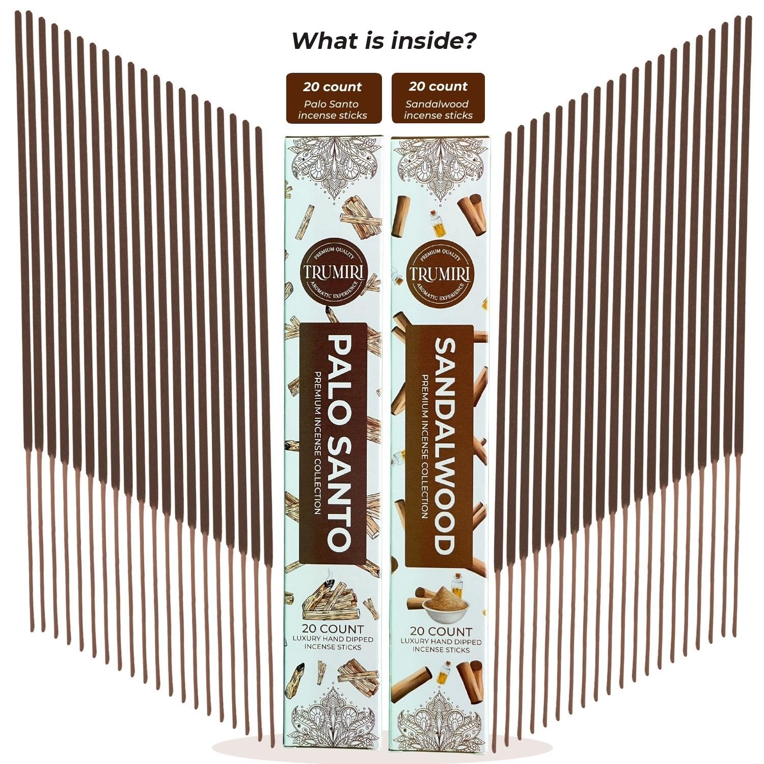 Trumiri Incense Sticks - Combo Pack Of 40 Insence-Sticks - 20 Palo Santo + 20 Sandalwood - Insenses - Insents - Incents - Inscen
