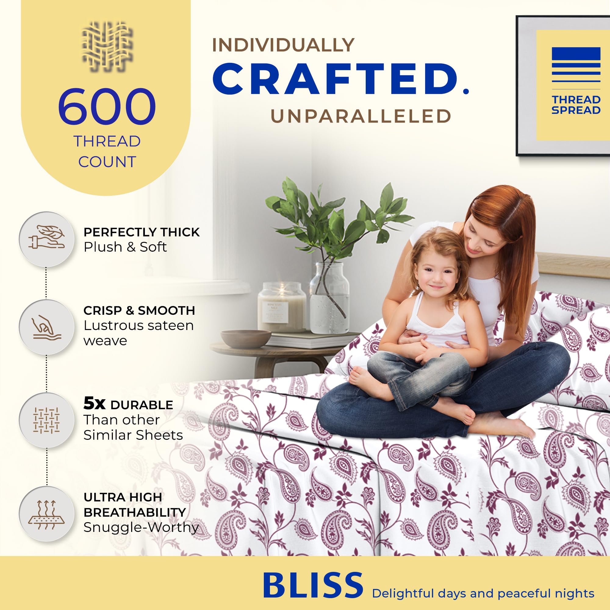Thread Spread 100% Egyptian Cotton Printed Bed Sheets - 600 Thread Count 3 Pc Twin Sheet Set, Hotel Luxury Sateen Bedsheets, 16' Deep Pocket Soft Cooling Sheets For Twin Size Bed - Paisley