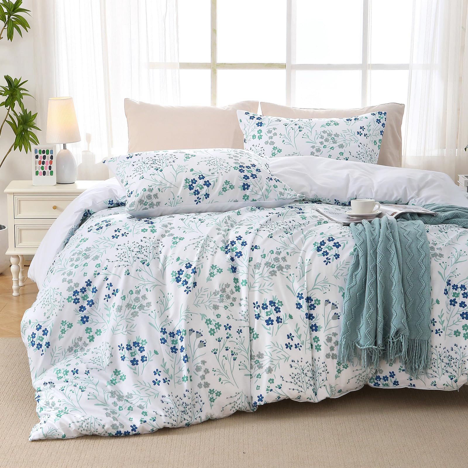 Muxhomo Duvet Cover Queen Size, Reversible Floral Vintage Duvet Cover Set With Zipper Closure, 3 Pieces Botanical Patterns Soft