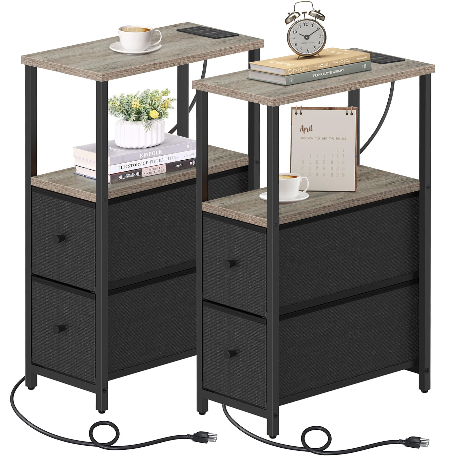 Tutotak Small Narrow End Table With Charging Station, Set Of 2, Side Table With Outlets, Nightstand With 2 Cloth Drawers, Couch Table, For Living Room, Bedroom, Bedside, Greige Tb01Bg055