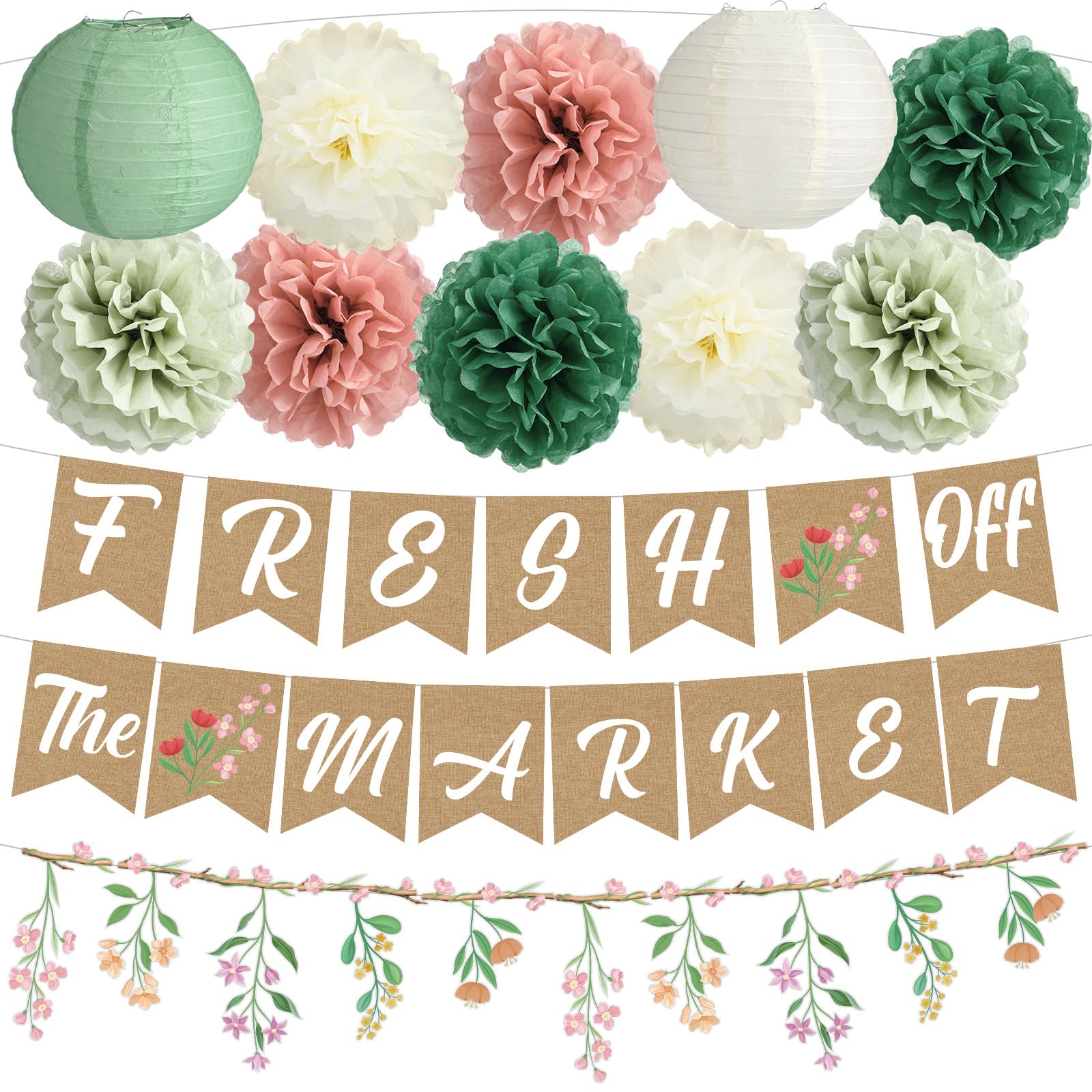 Mooliwe 14 Pcs Bridal Shower Decorations Sage Green Bachelorette Party Decorations Fresh off the Market Banner Wildflower Garlan