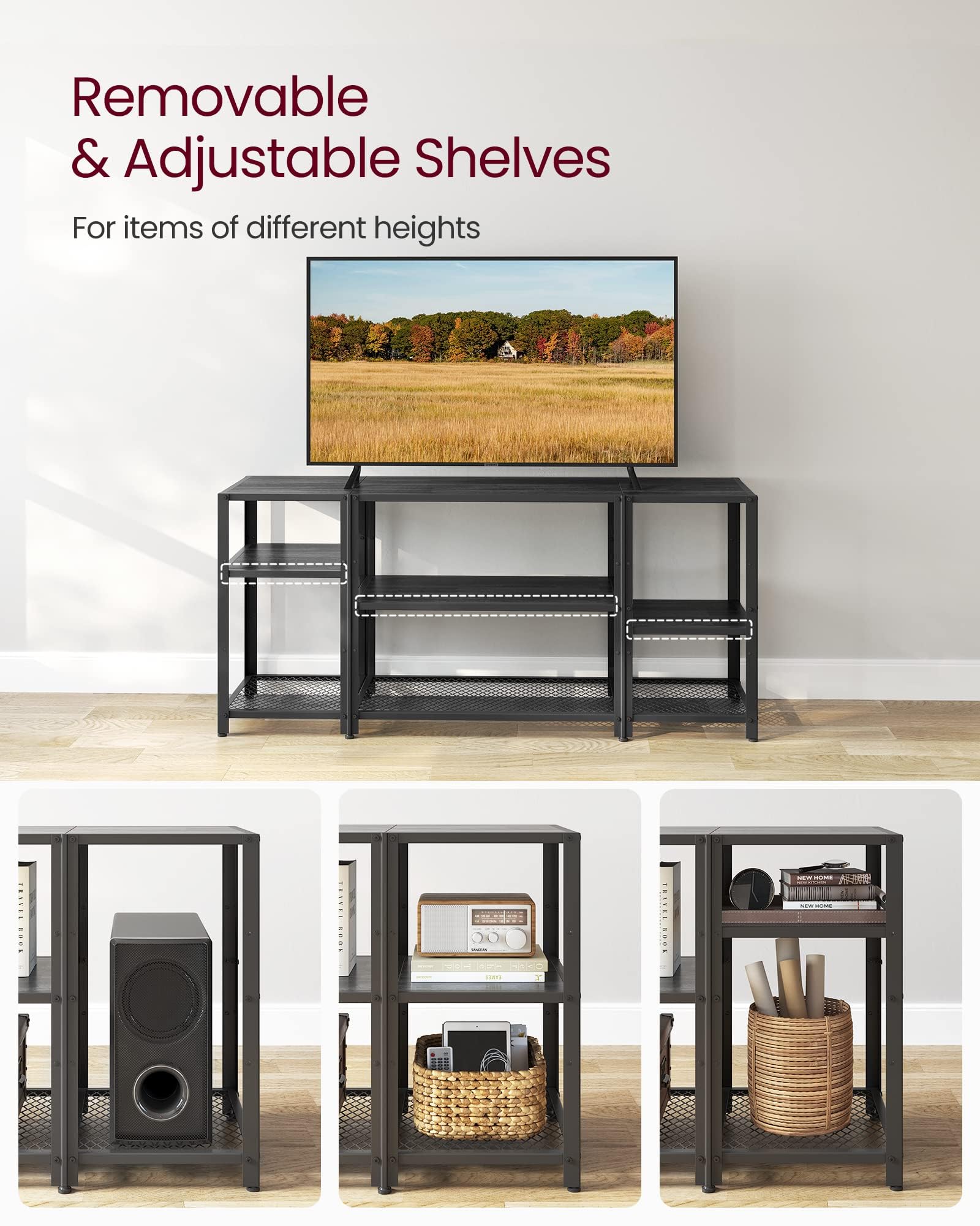 Vasagle Tv Stand For 65 Inches Tvs, Industrial Entertainment Center, Modern Tv Console With Open Storage Shelves For Living Room, Bedroom, Black Ultv105B22