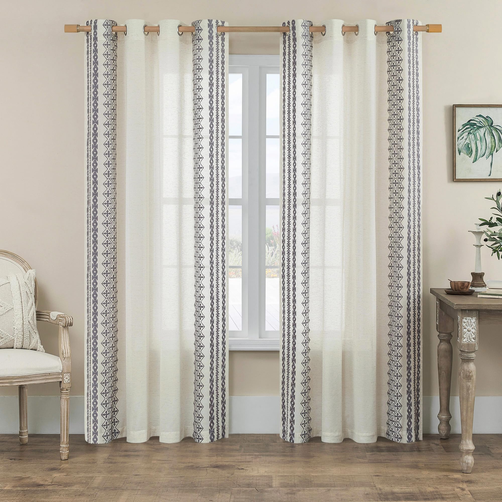 Linen Curtains 96 Inches Long For Living Room Bedroom 2 Panels Set Grommet Vintage Striped Flax Country Rustic Window Curtains N